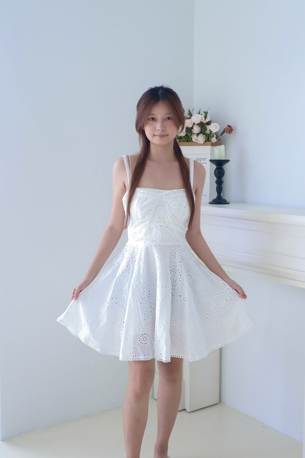 White Eyelet Embroidered Strap Dress