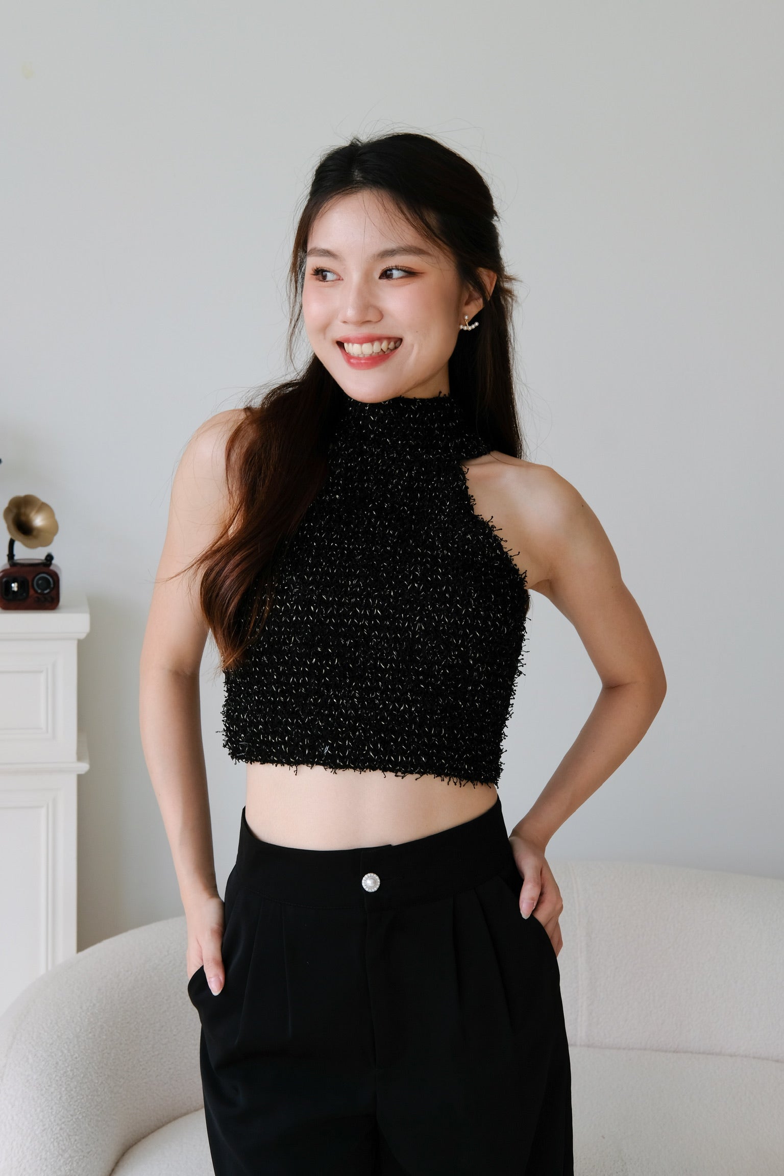 Hana Halter Tweed Crop (Black)