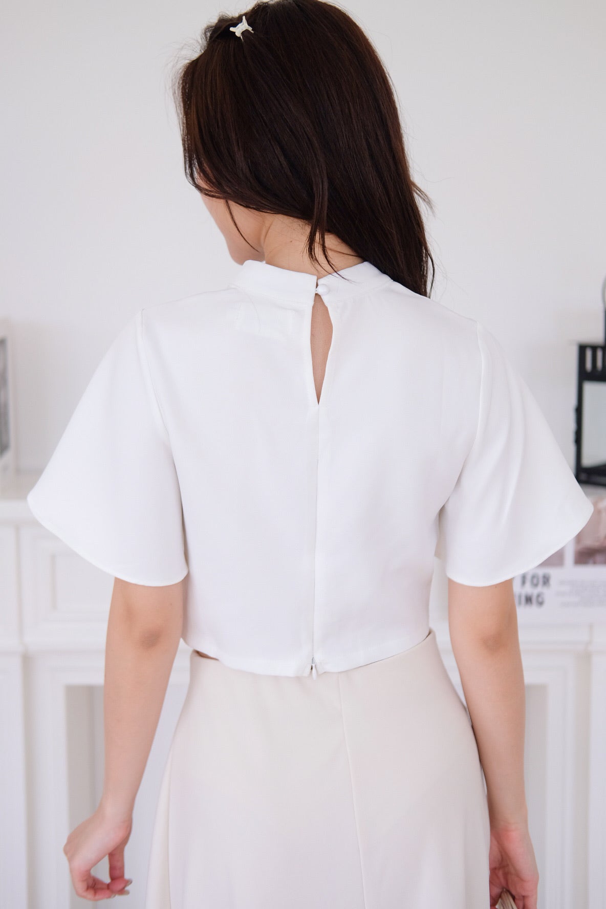 Veena Flutter Sleeves High Neck Top (White)