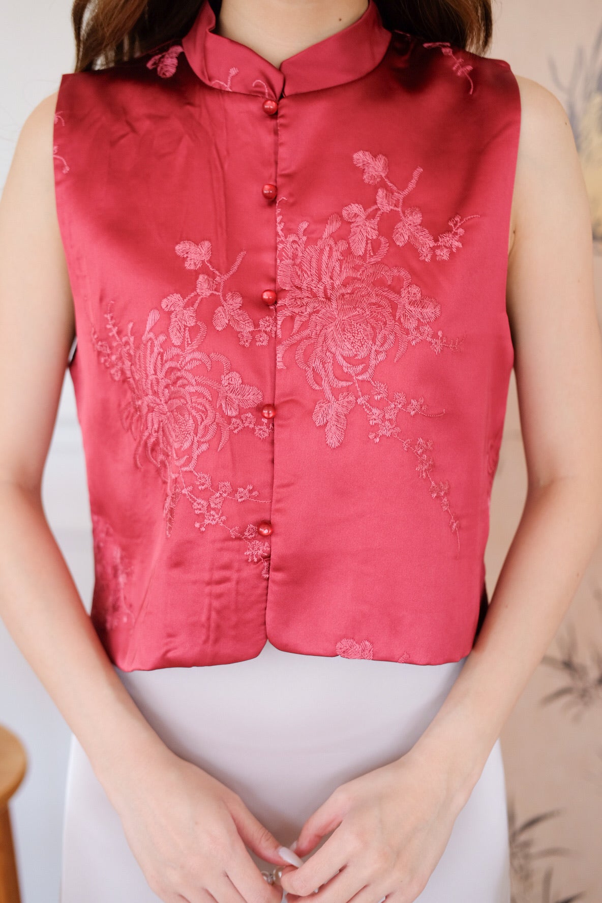 宋 Song Satin Cheongsam Vest Top (Wine)