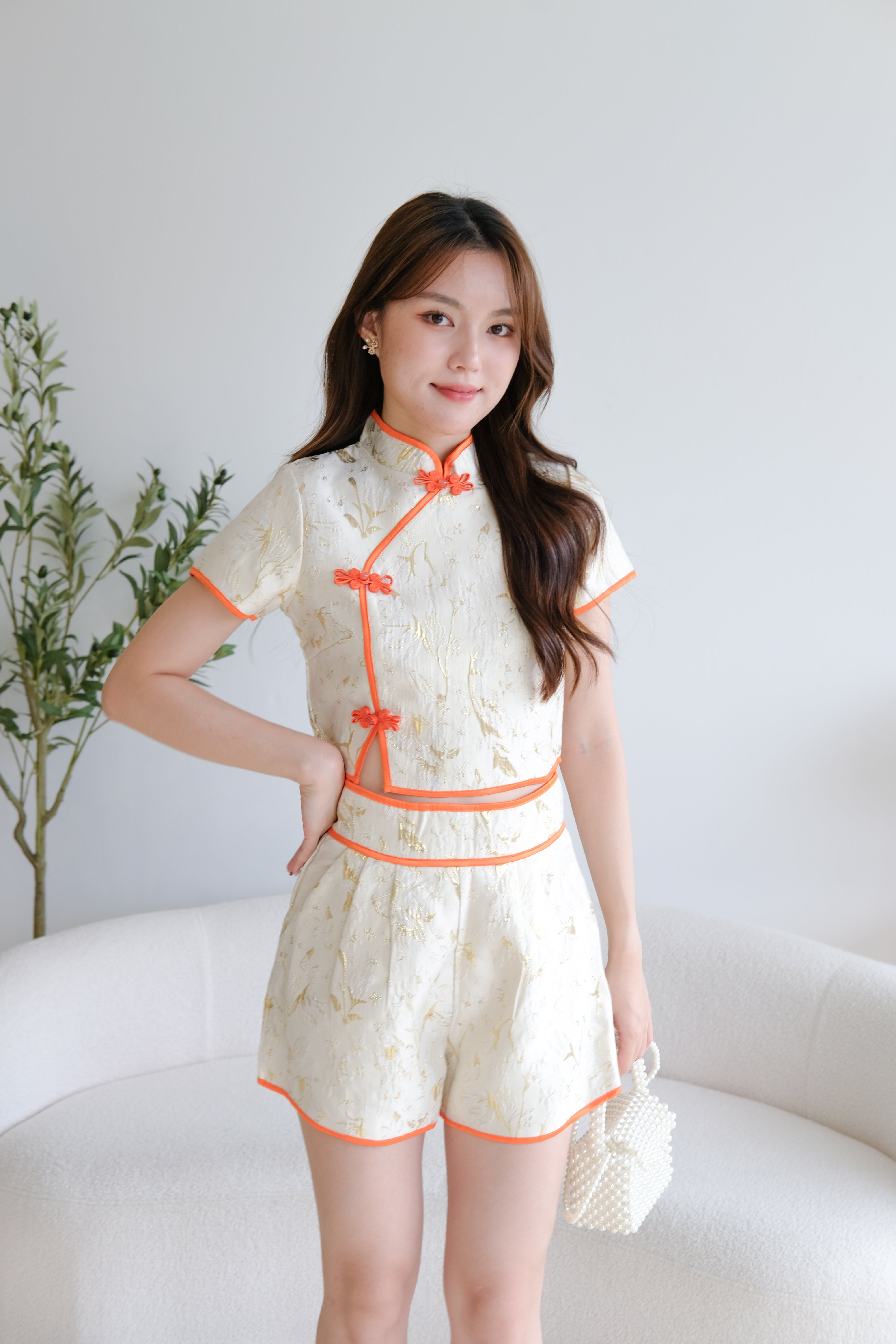 Ming Contrast Cheongsam Set (Tangerine Cream)