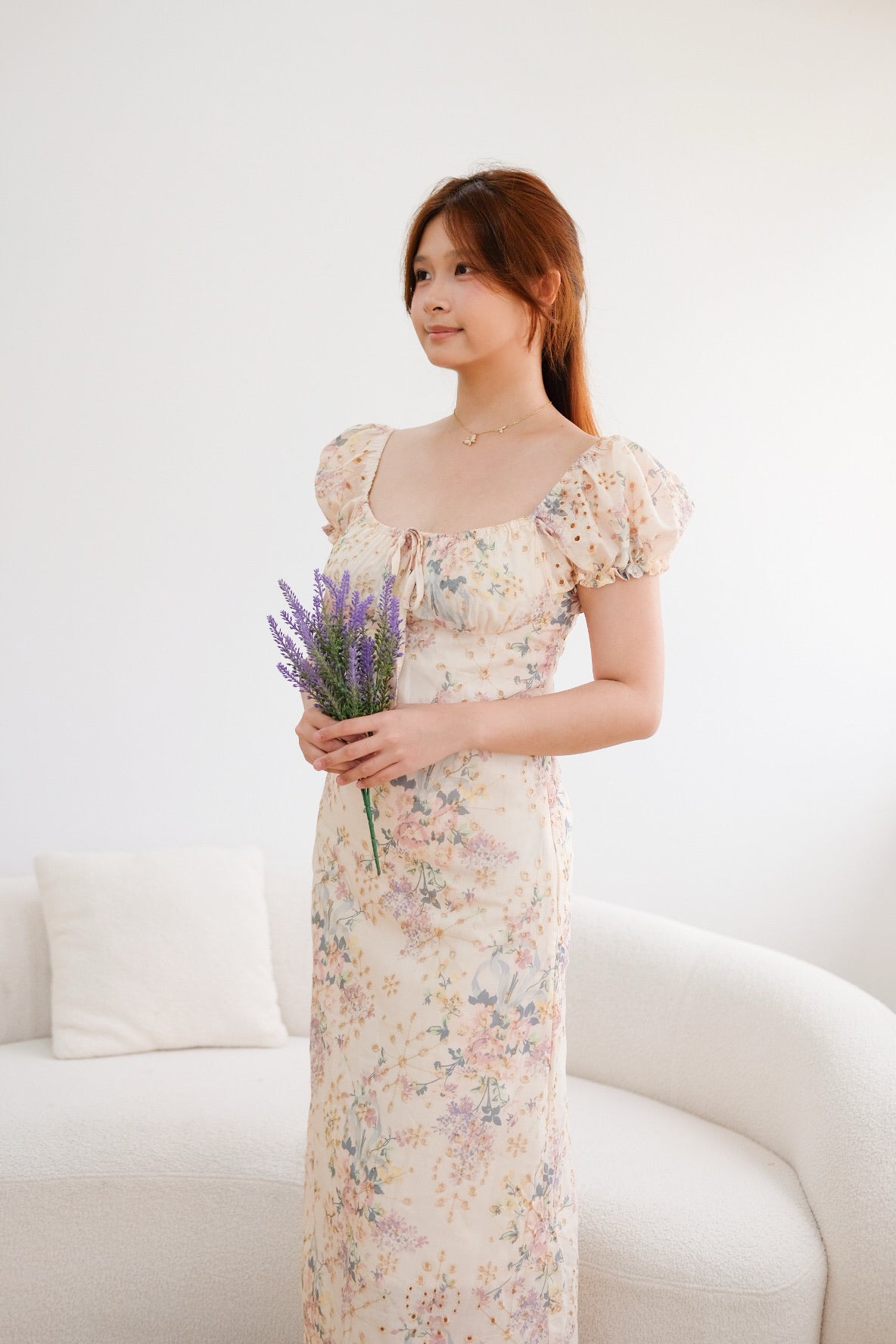 Beige Floral Ribbon Organza Midi Dress