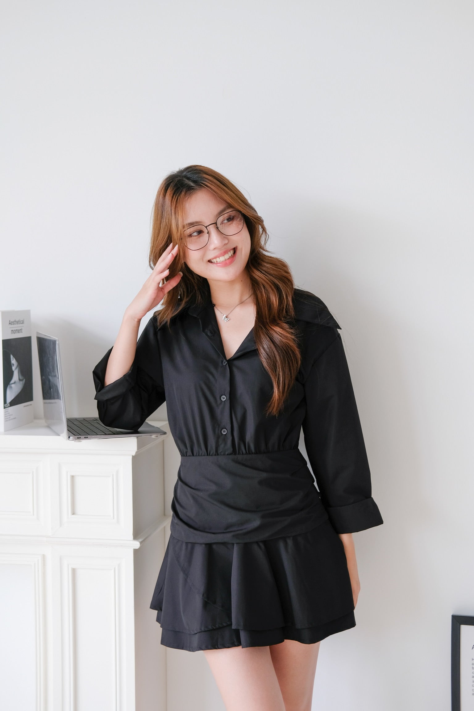 Ji-eun Collared Skater Shirt Dress (Black)