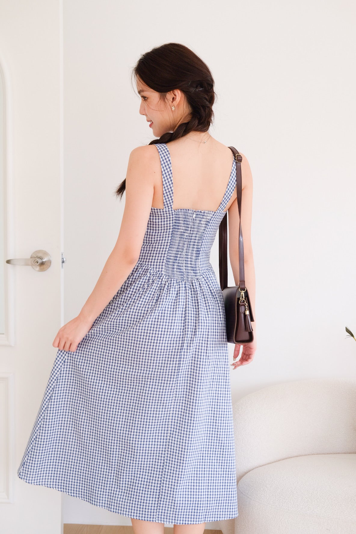 Carmie Thick Waist Midi Dress (Blue Plaid)
