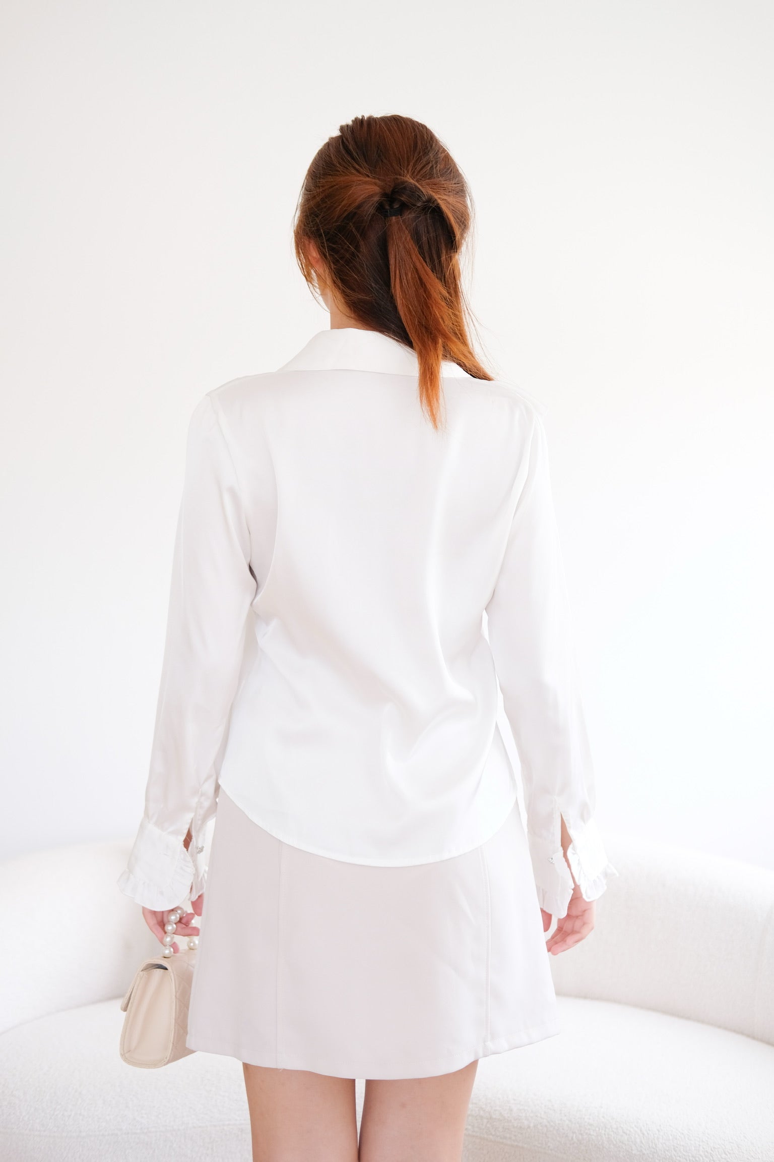 Satin Ruffle Buttons Collared Top (White)