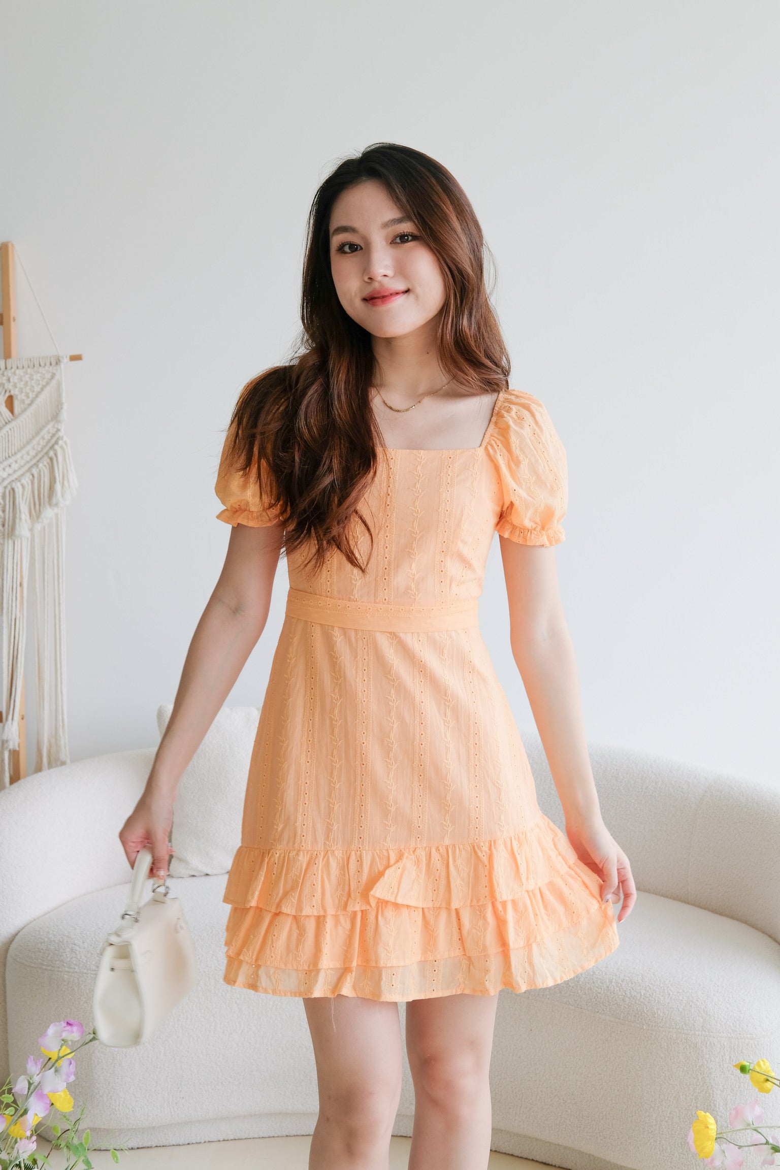 Evelyn Eyelet Ruffle Dress (Tangerine Orange)