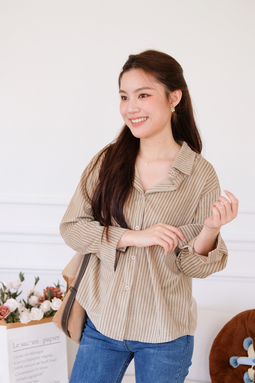 Henley Pinstripe Suede Shirt (Khaki)