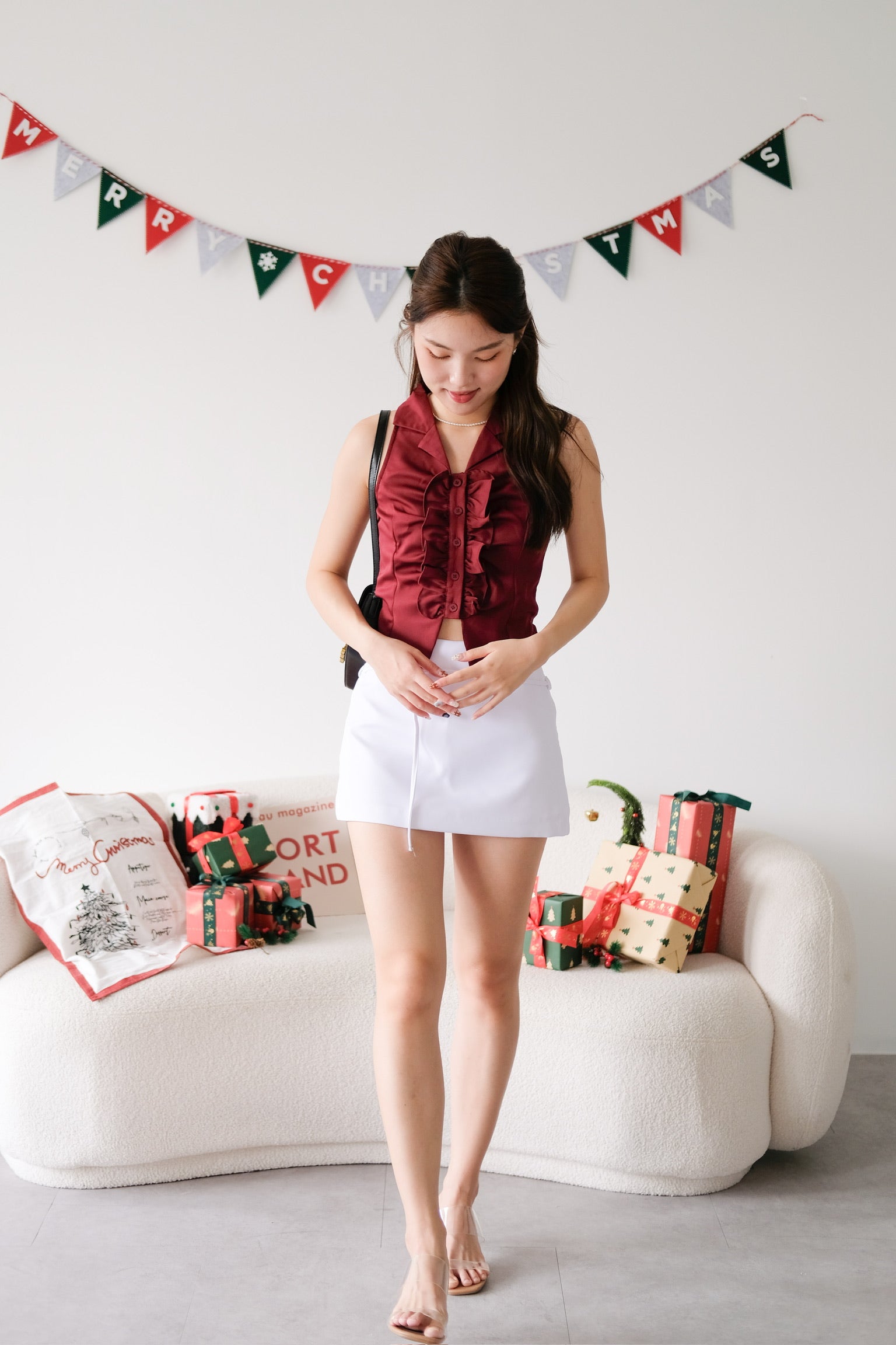 Naru Ruffle Collared Crop Top (Maroon)