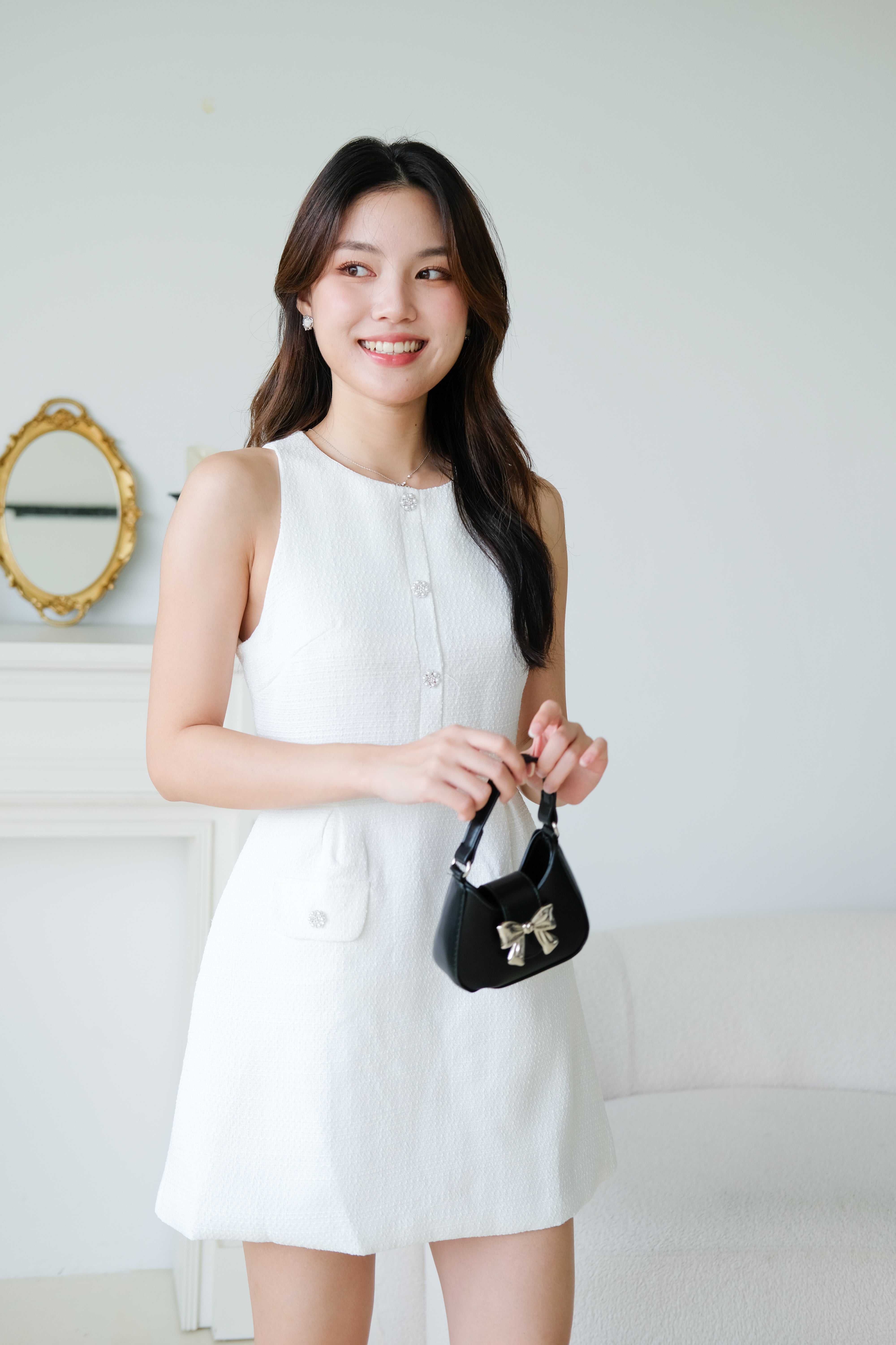Pearly Tweed Halter Dress (White)