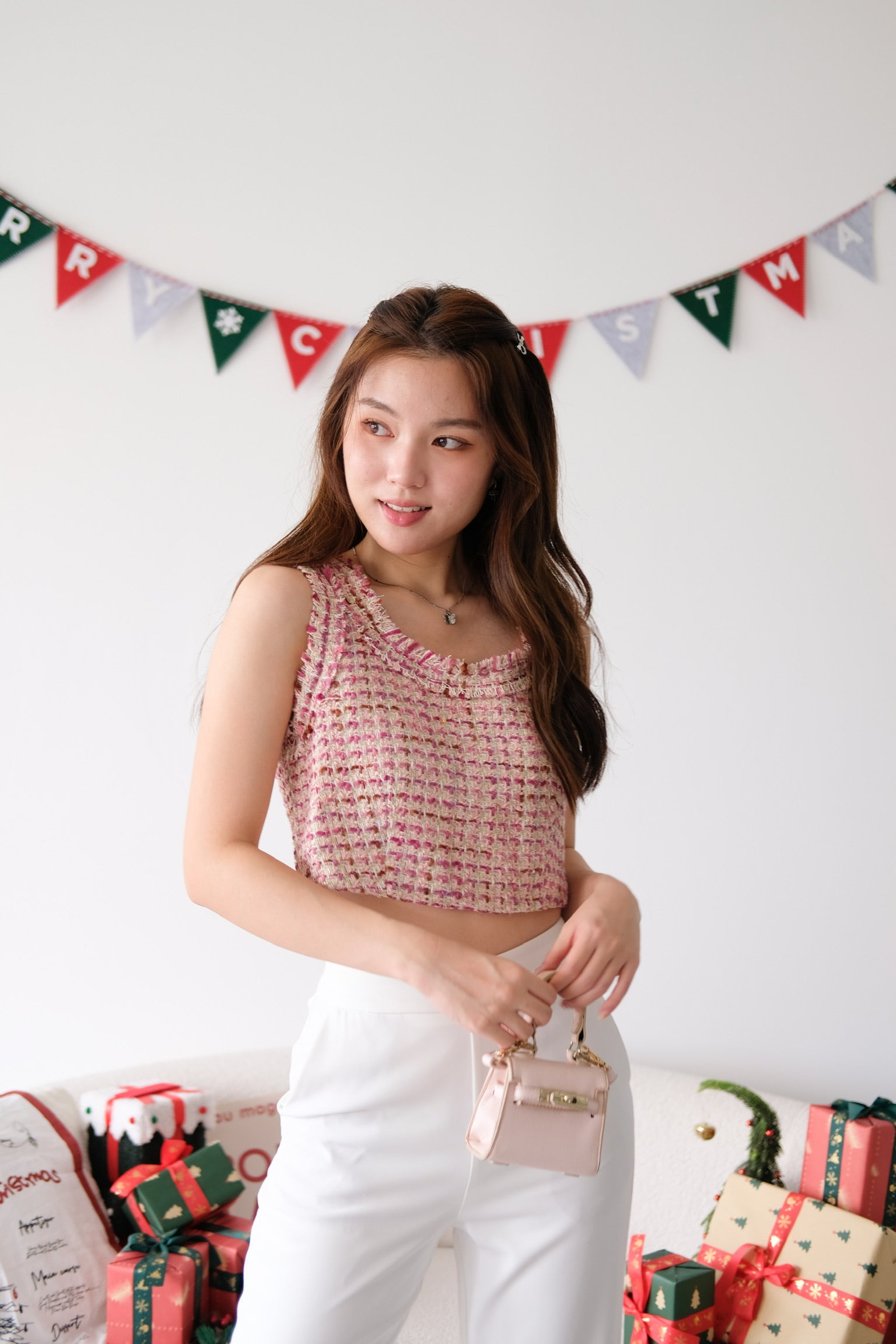 Mirea Frills Tweed Crop Top (Magenta)