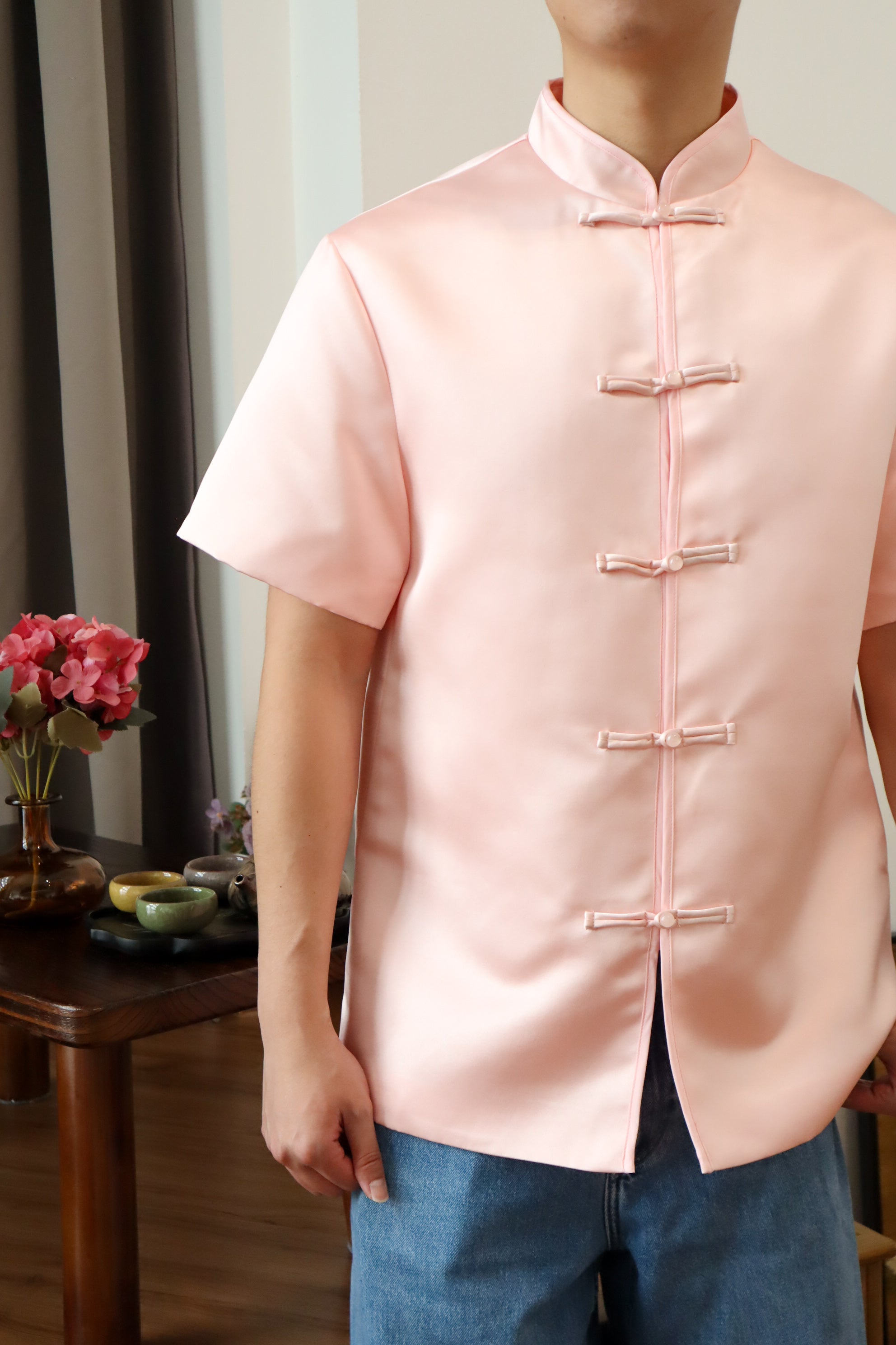 玉树临风 Feng Button Men Samfu (Silk Pink)