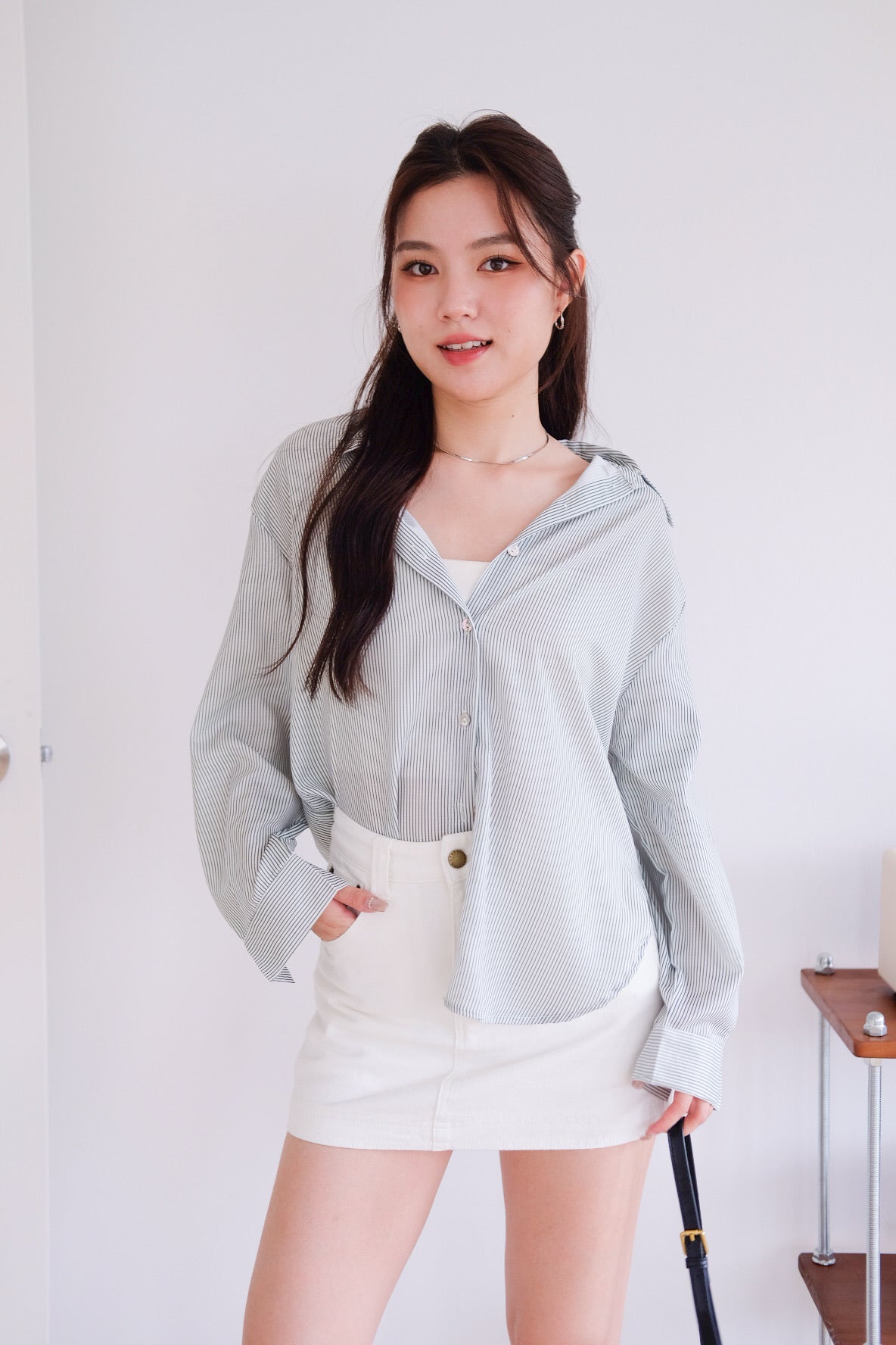 Downtown Oversized Shirt (Soft Green Stripes)