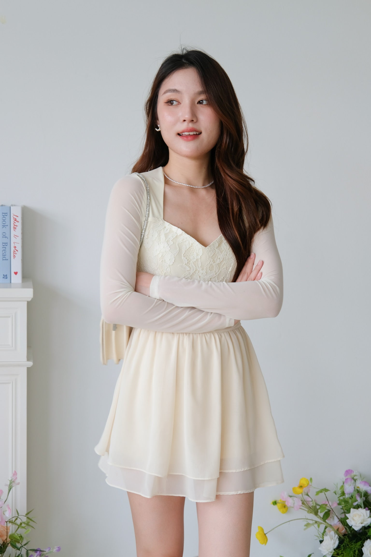 Casslene Long Sleeves Lace Dress (Pale Yellow)