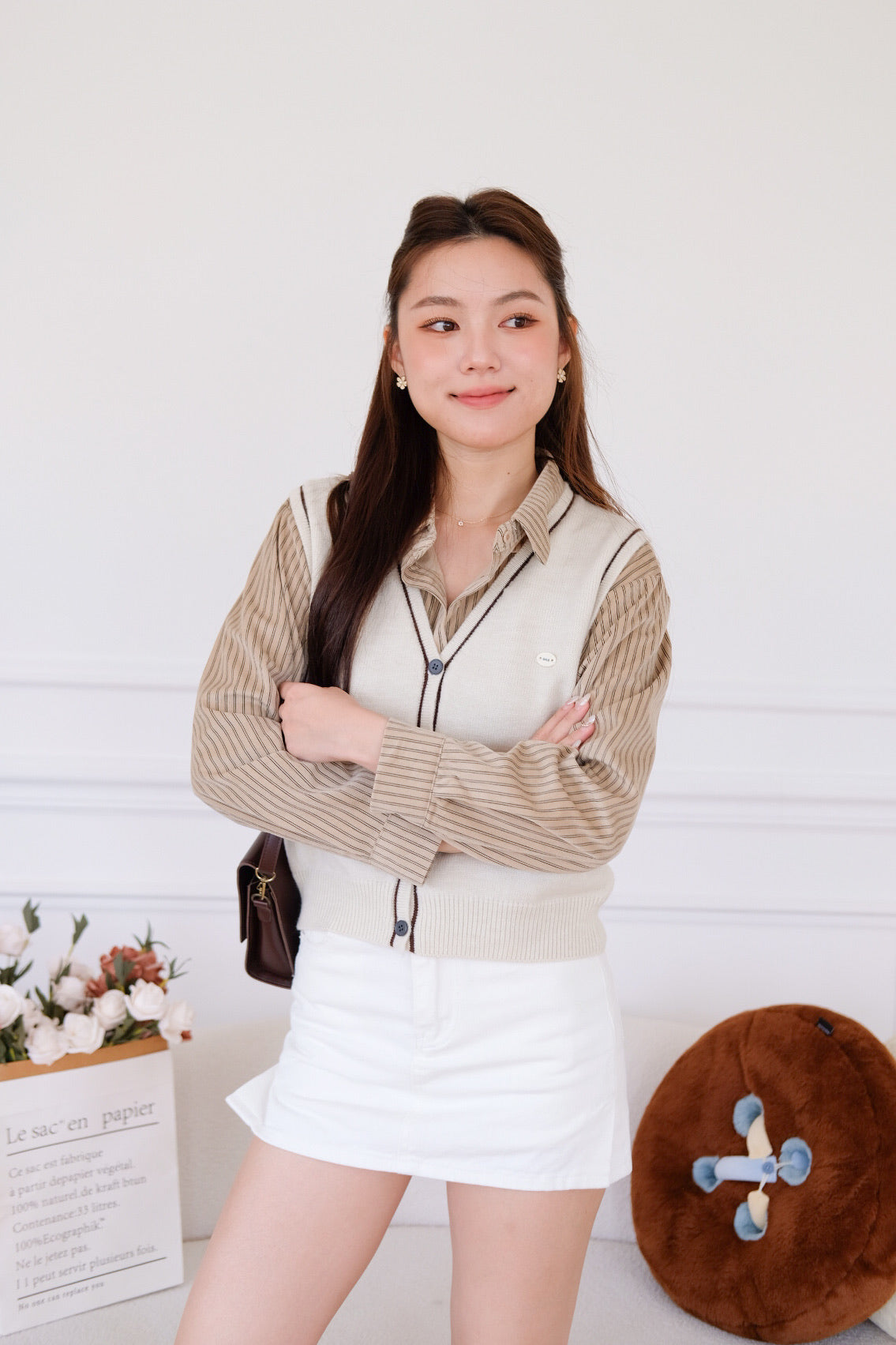 Tessa Contrast Knit Vest (Cream)
