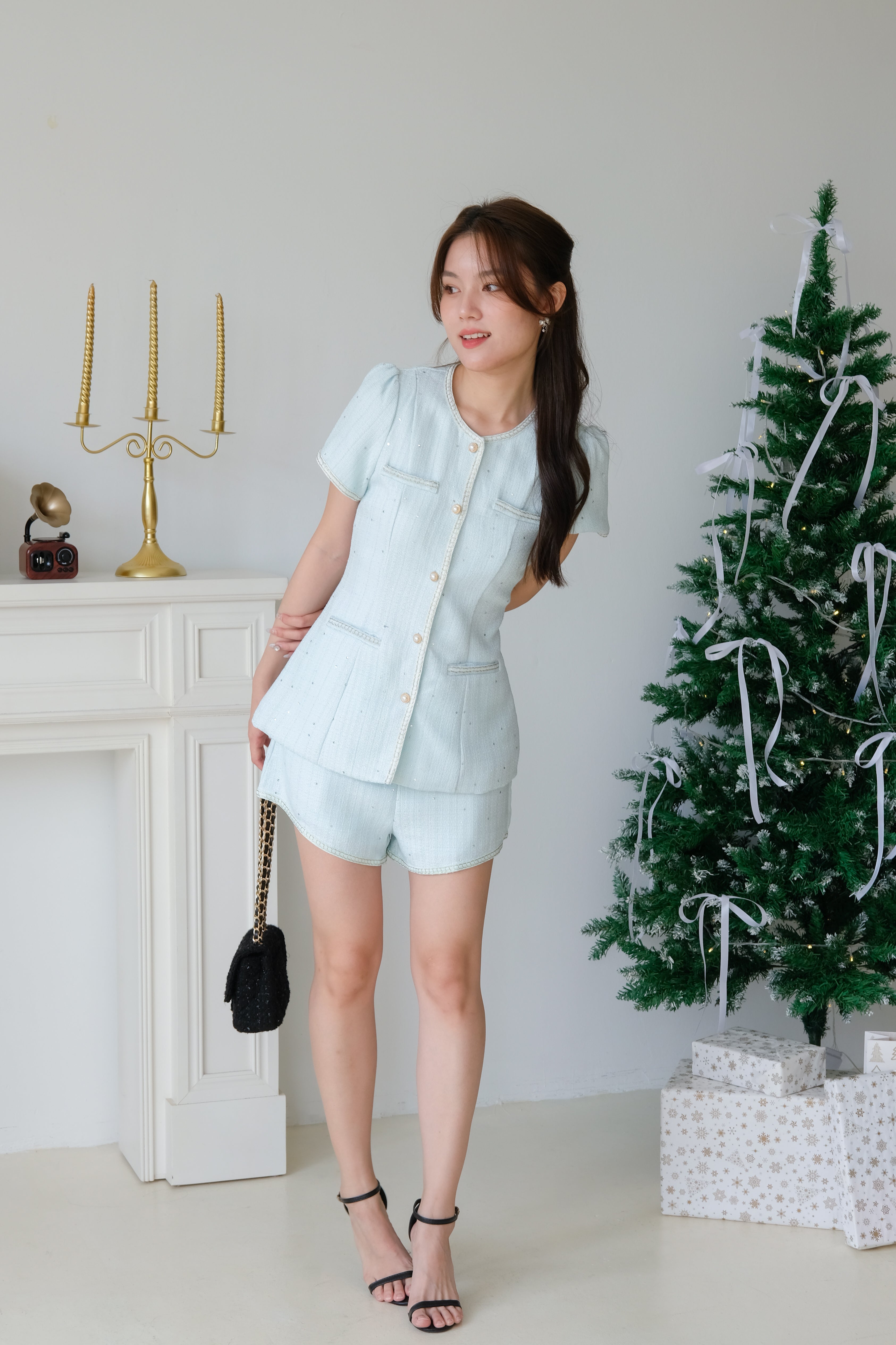 Agnes Trimming Tweed Set (Light Blue)