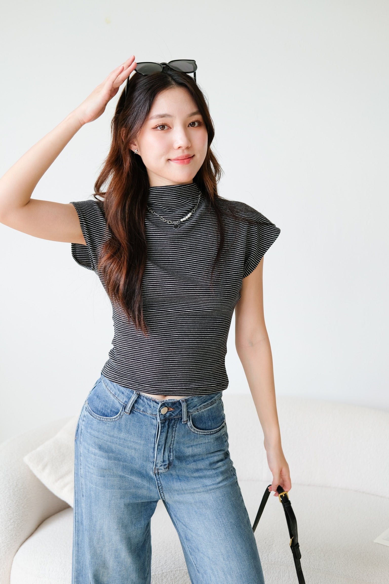 Lucca Batwing High Neck Shirt (Black Stripes)