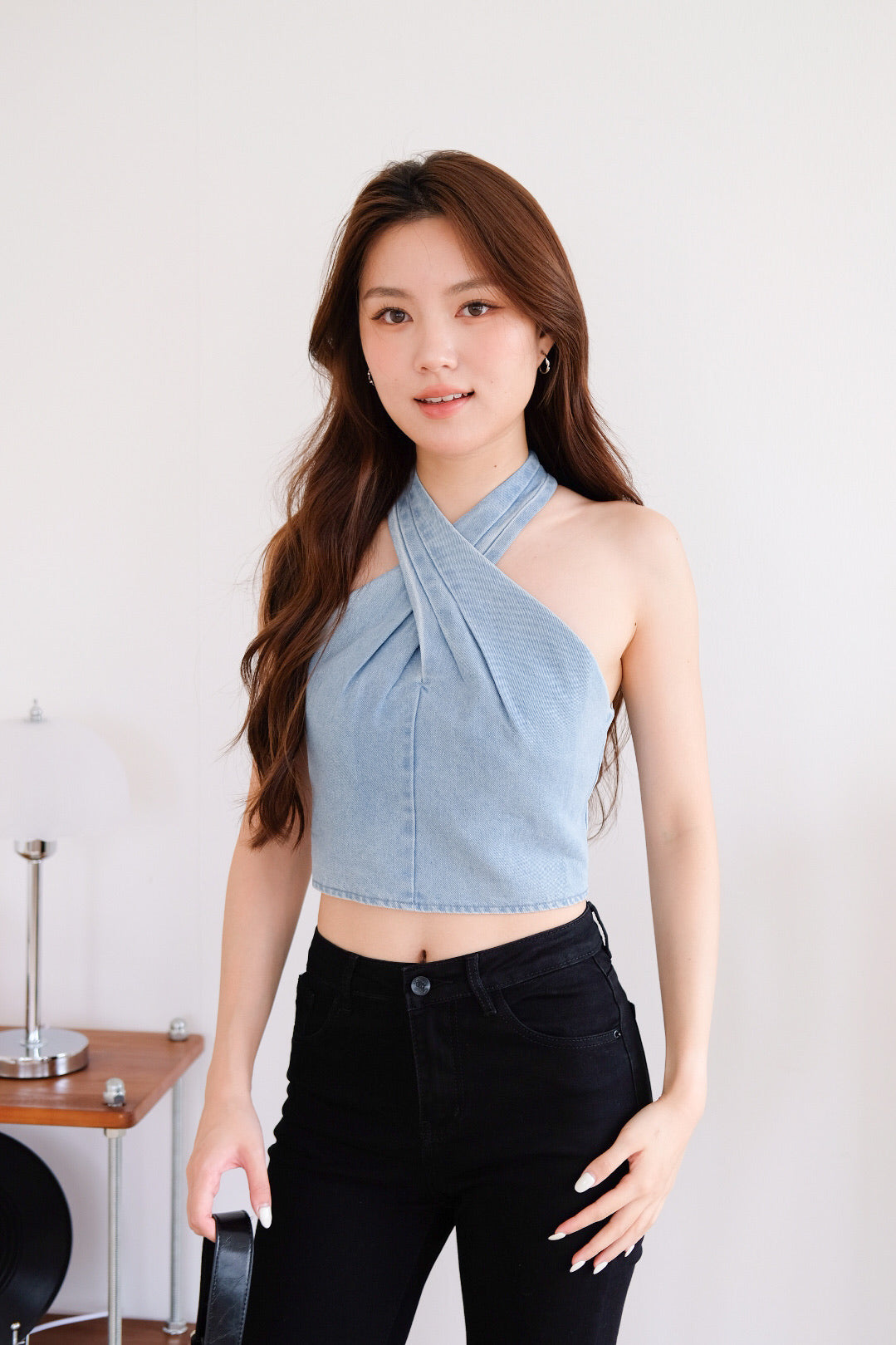 Veda Padded Halter Denim Crop Top (Light Denim) [ ETA 16 Oct ]