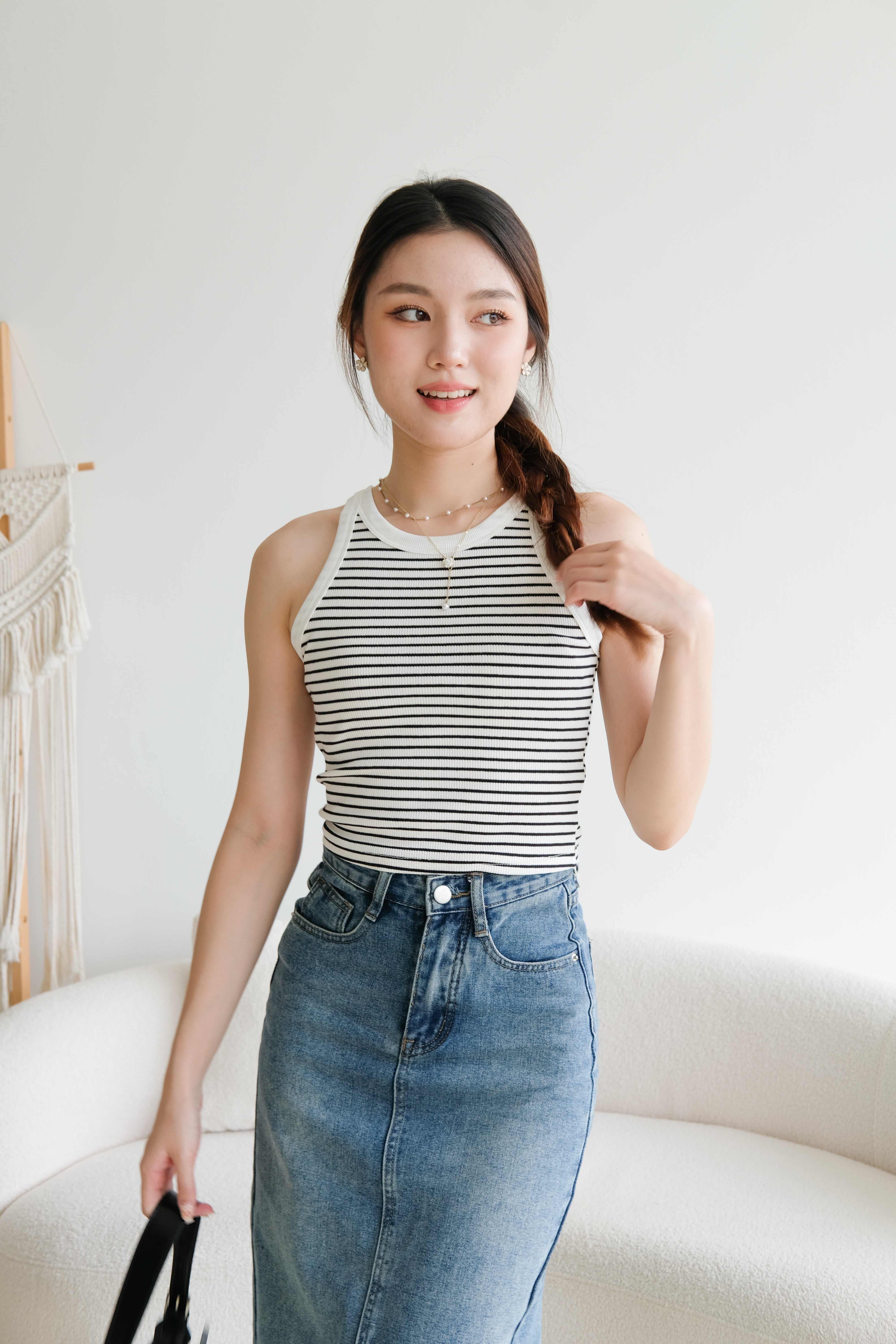 Harper Contrast Halter Crop (White Stripes)