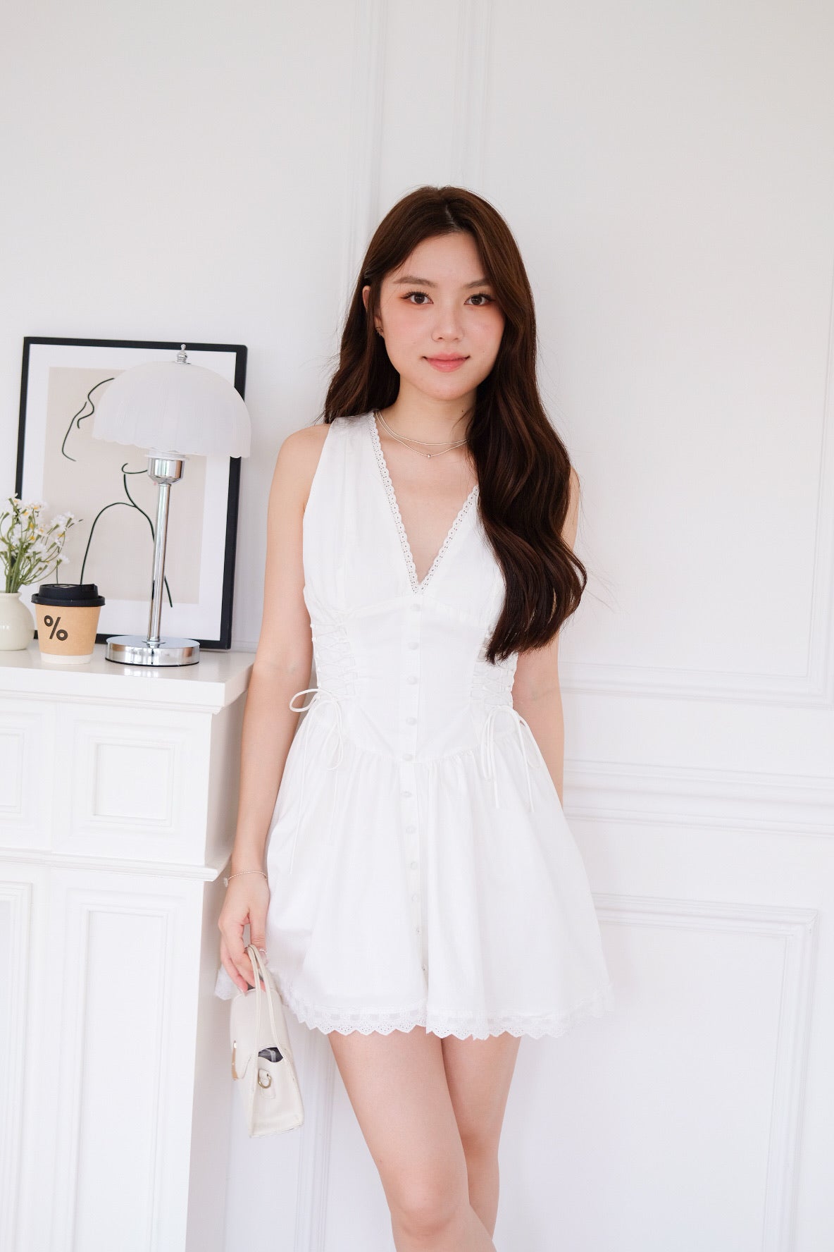 Elaine Lace Up Skater Dress (White) [ETA 10 Sept]