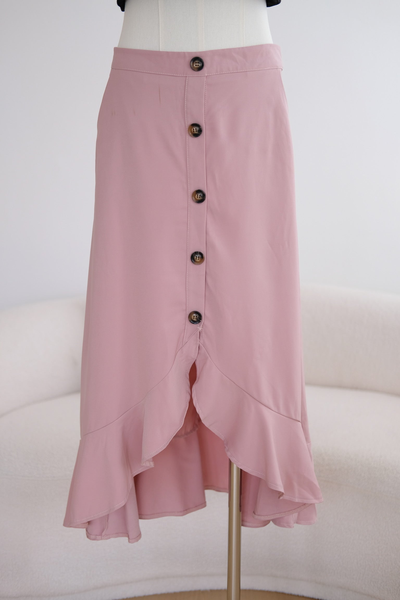 Pink Buttons Ruffle Midi Skirt