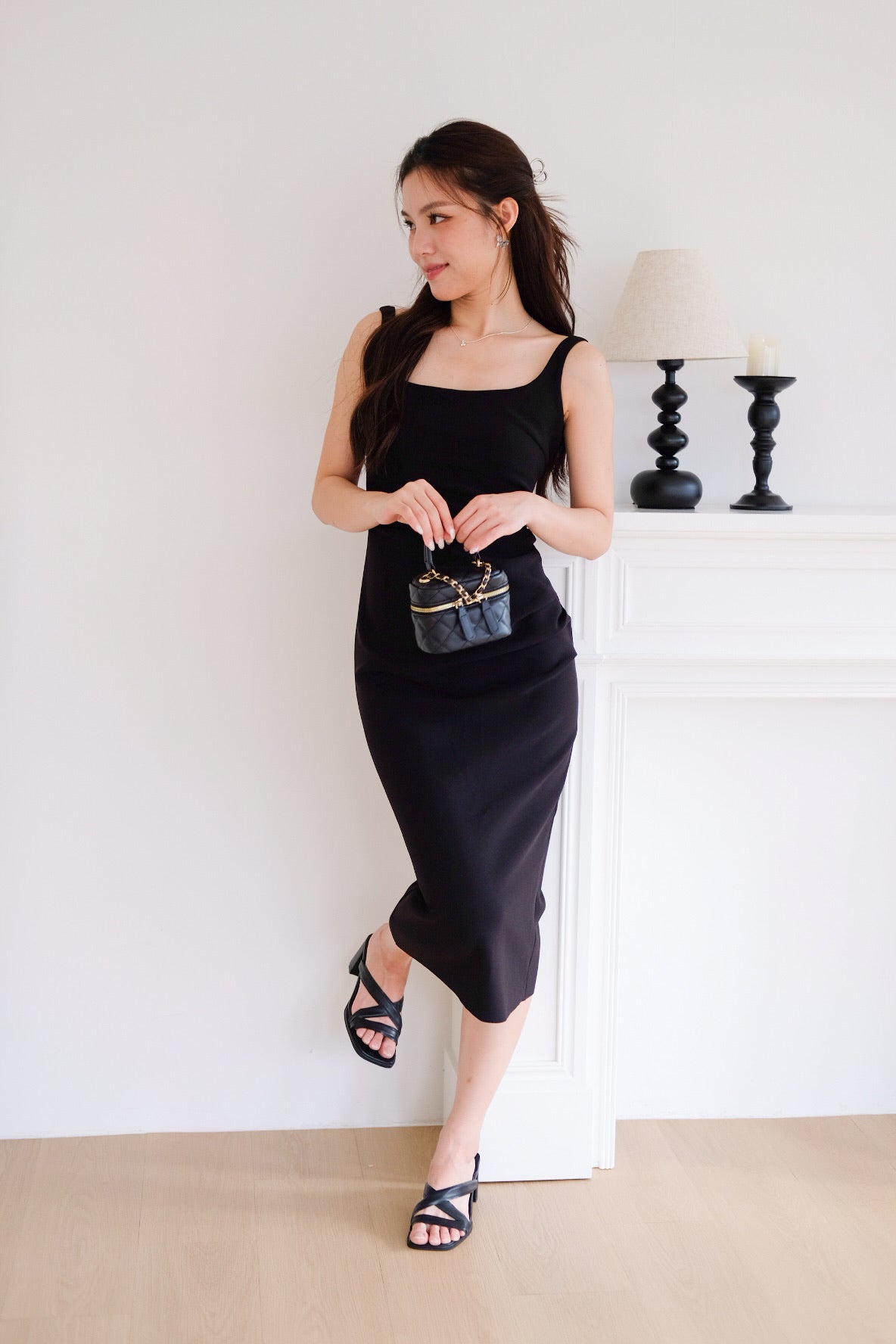 Claude Ruched Slim Fit Midi Dress (Black)