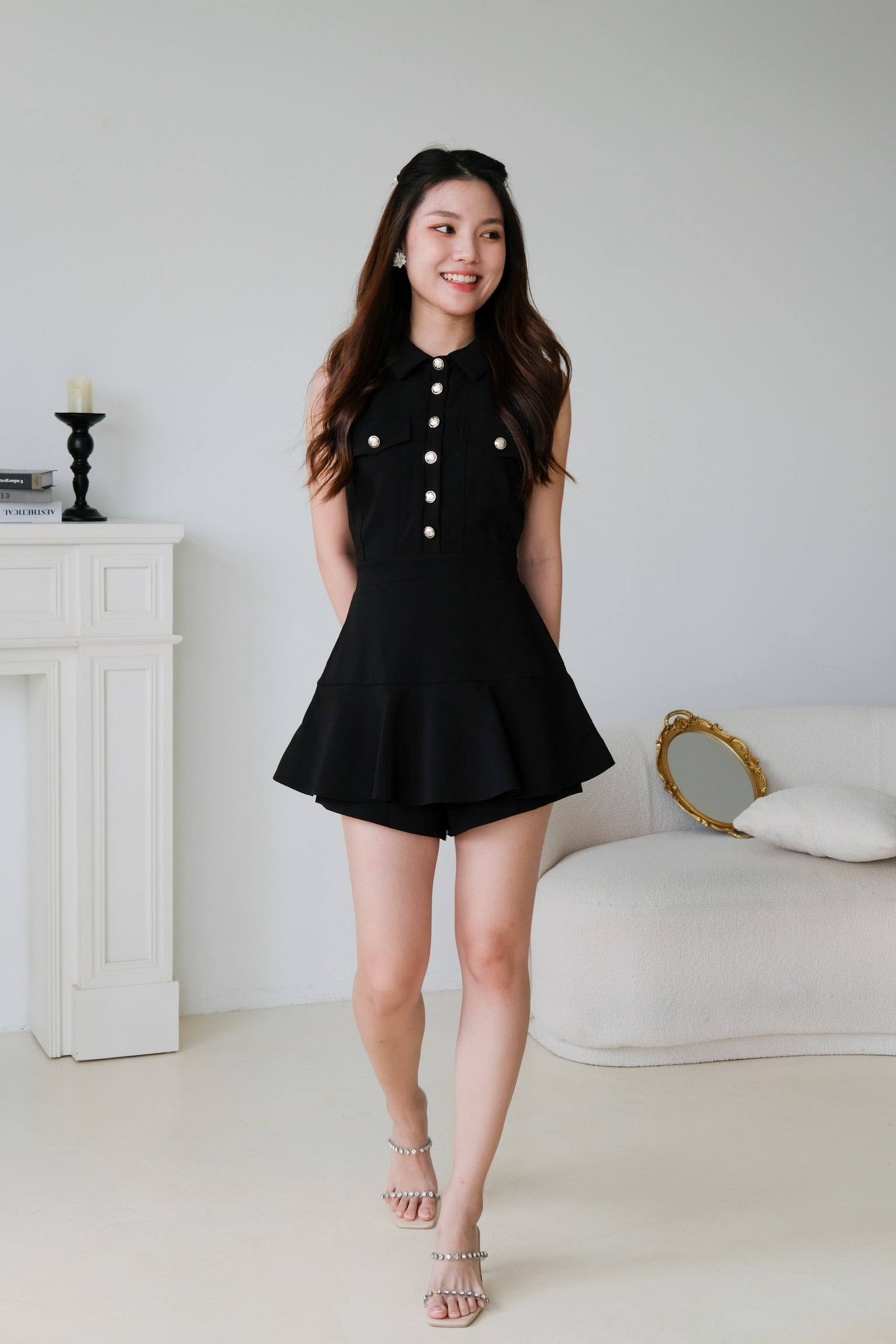 Dionne Gold Button Collared Romper (Black)