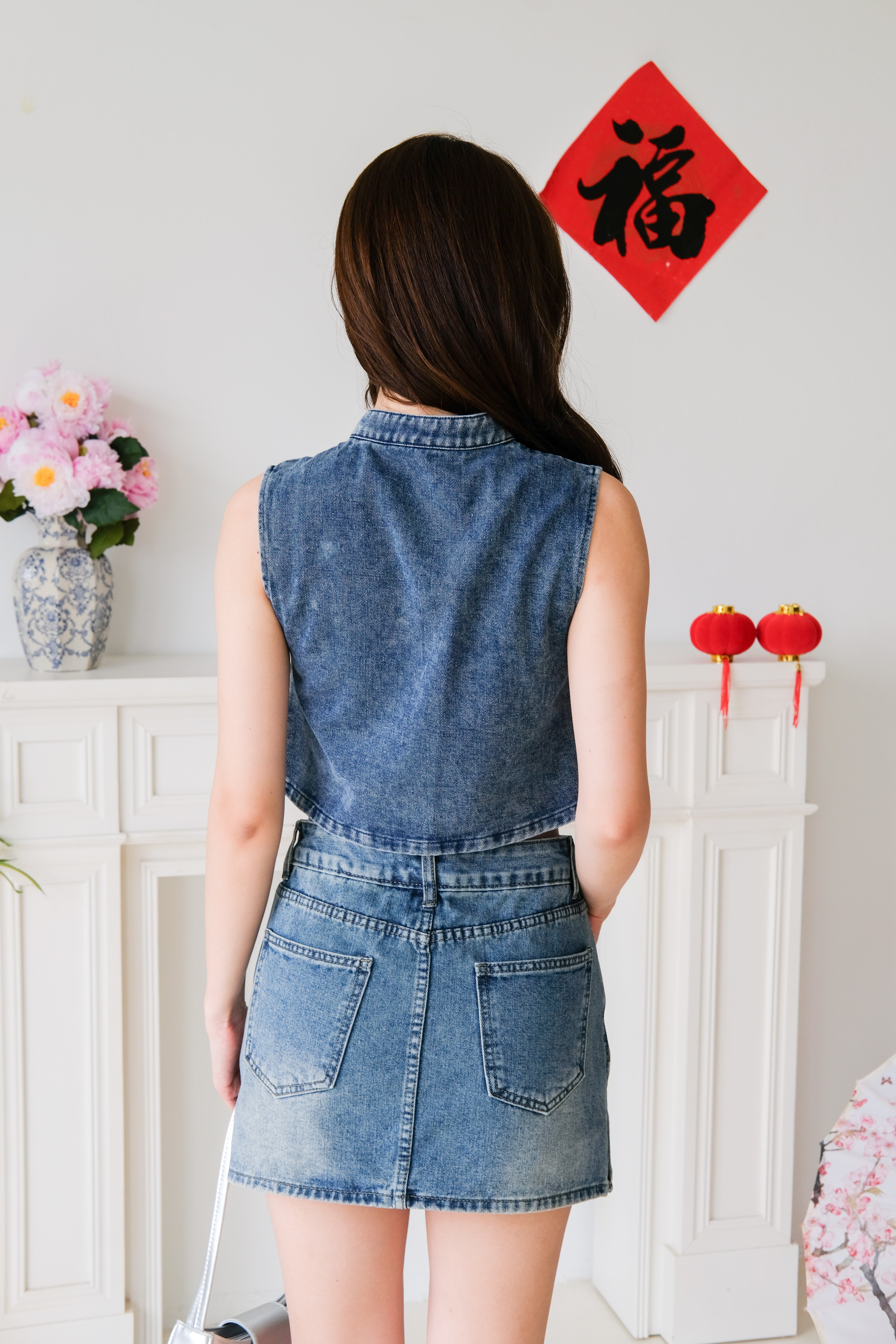 Andrea Denim Cheongsam Crop (Dark Blue)