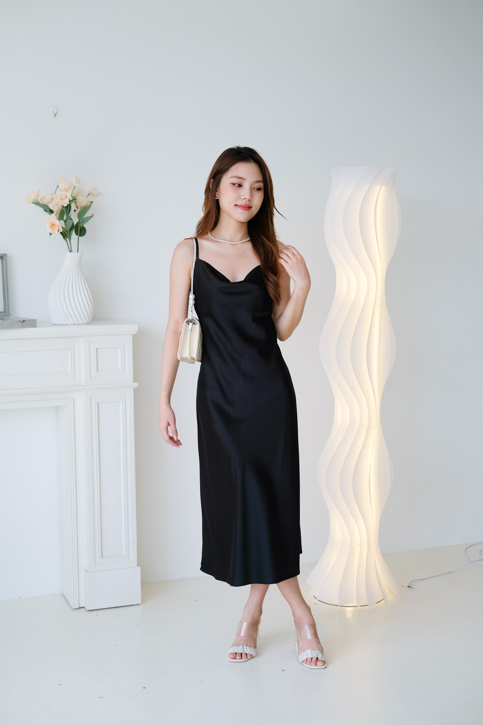 Elara Draped Satin Slip Dress (Black)