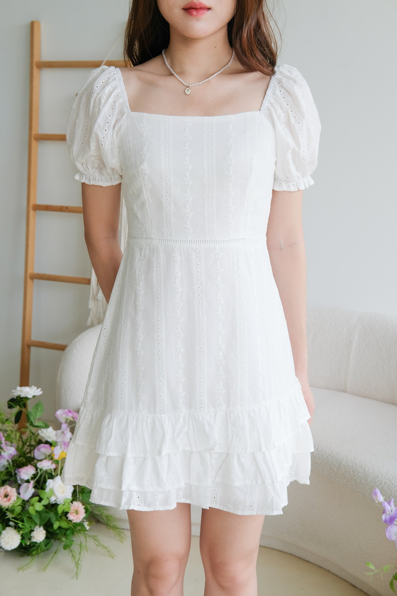 Evelyn Eyelet Ruffle Dress (White)