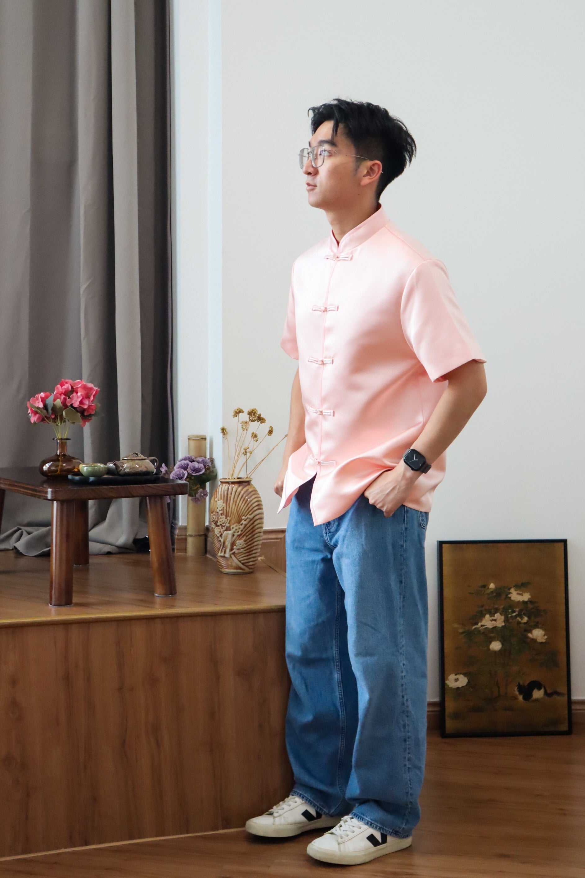 玉树临风 Feng Button Men Samfu (Silk Pink)