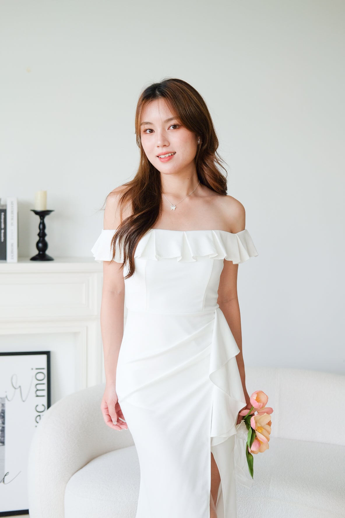Dione Off Shoulder Slit Dinner Maxi Dress (White)