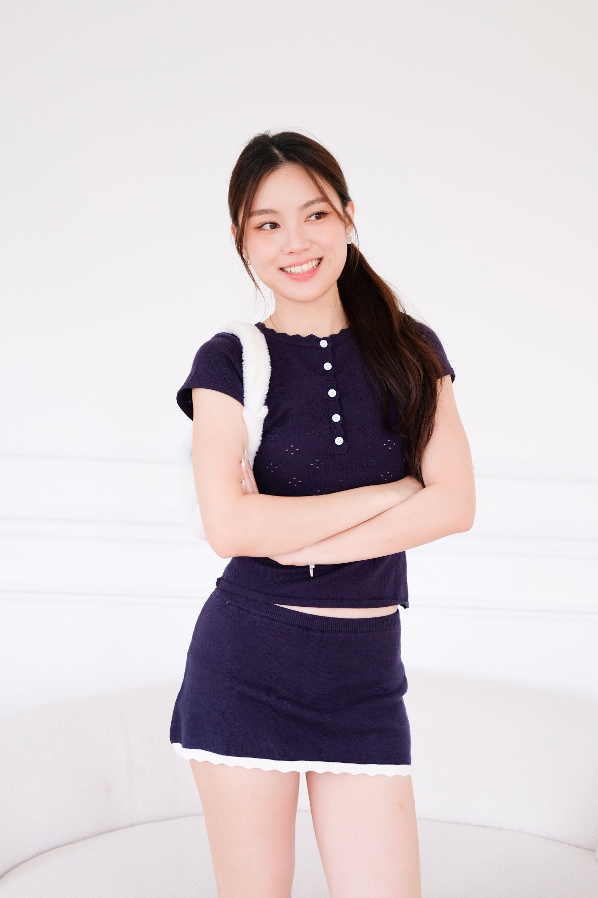 Tyla Scalloped Pointelle Top (Navy Blue)