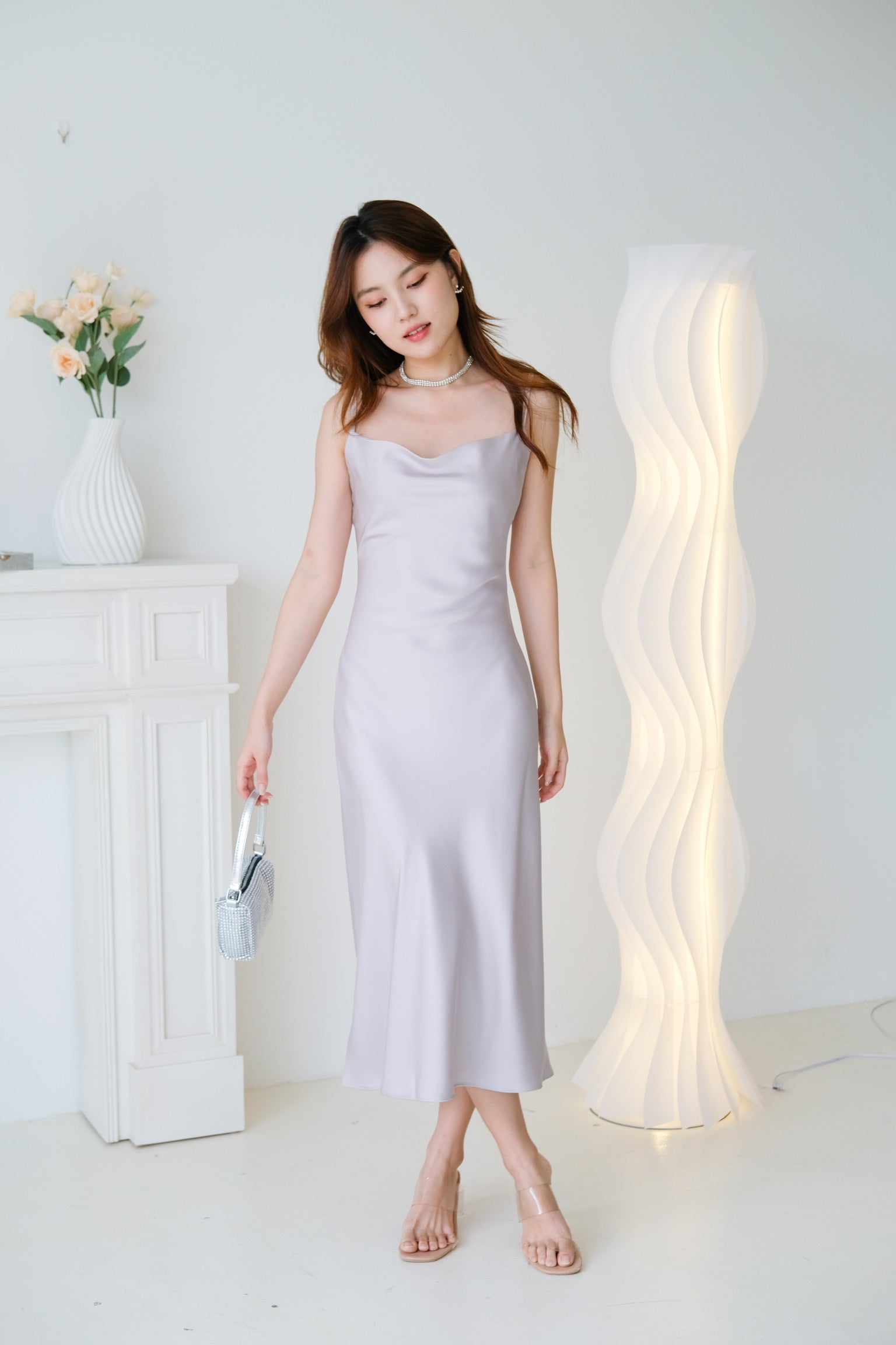 Elara Draped Satin Slip Dress (Silver)