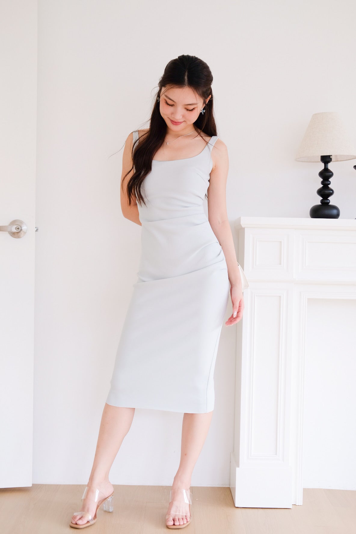 Claude Ruched Slim Fit Midi Dress (Light Sage)