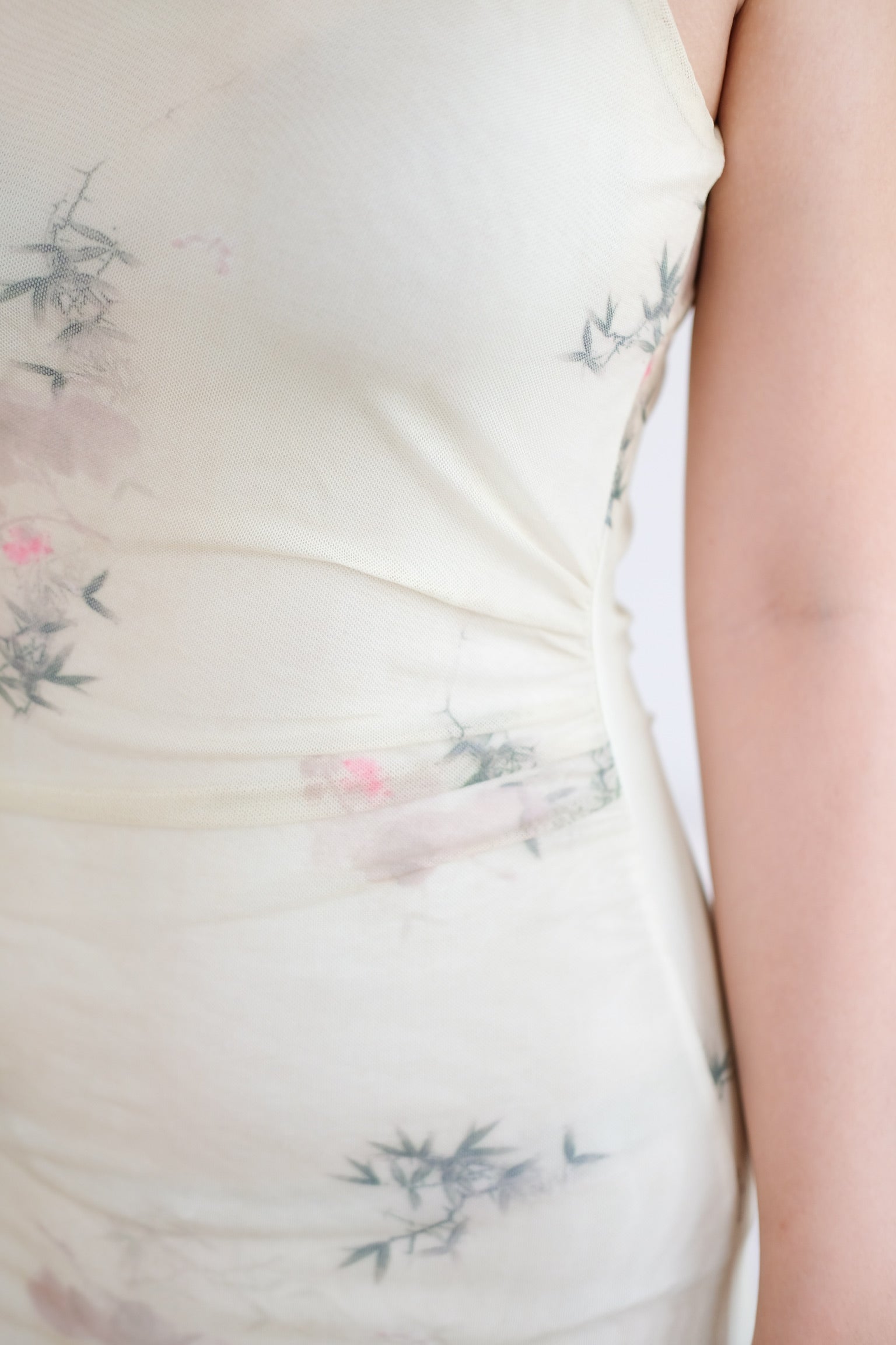 Yellow Floral Ruched Mesh Maxi Cheongsam