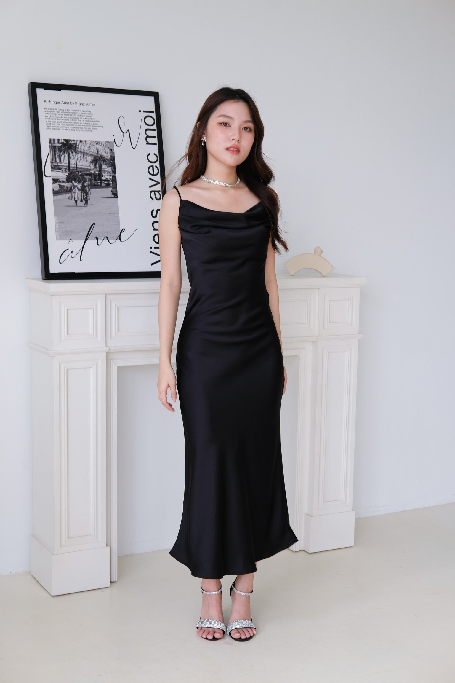 Victoria Cowl Satin Bareback Maxi Dress (Black)