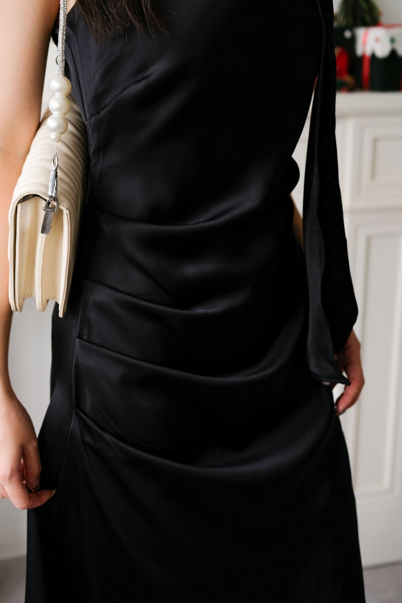 Caelyn Satin Toga Dinner Dress (Black)