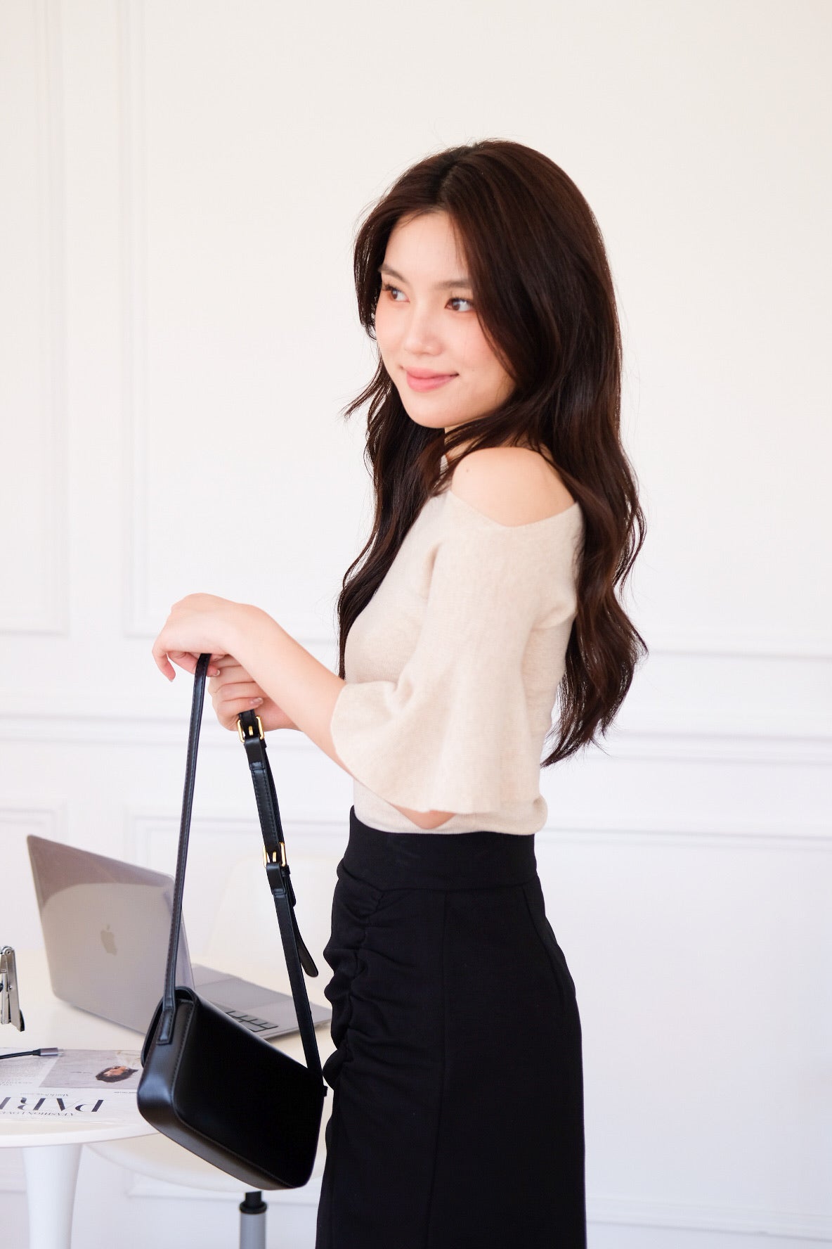 Elva Bell Sleeves Knit Top (Khaki)