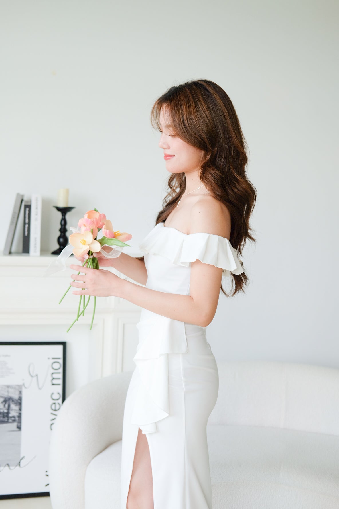 Dione Off Shoulder Slit Dinner Maxi Dress (White)