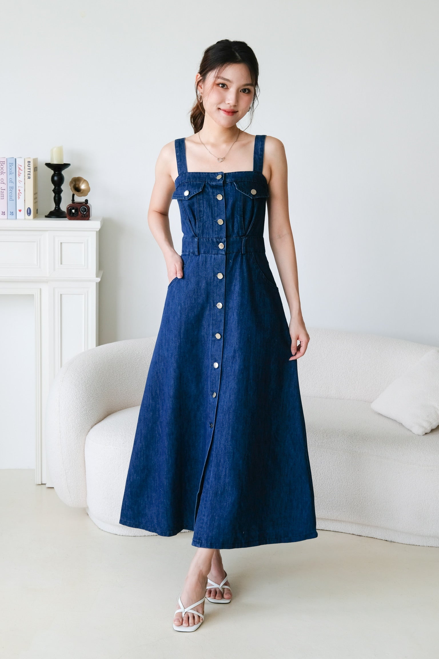 Ean Button Down Denim Maxi Dress (Dark Blue)