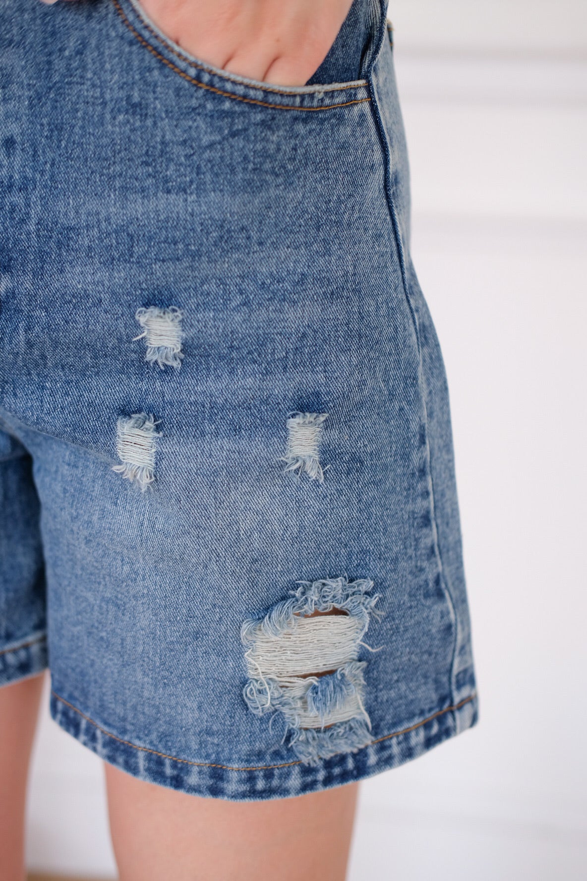 Easy Going Ripped Denim Mom Shorts (Dark Blue)