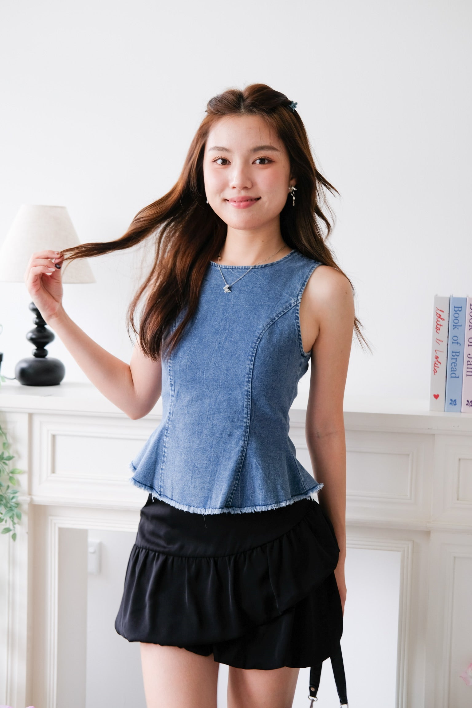Alda Peplum Denim Top (Medium Blue)