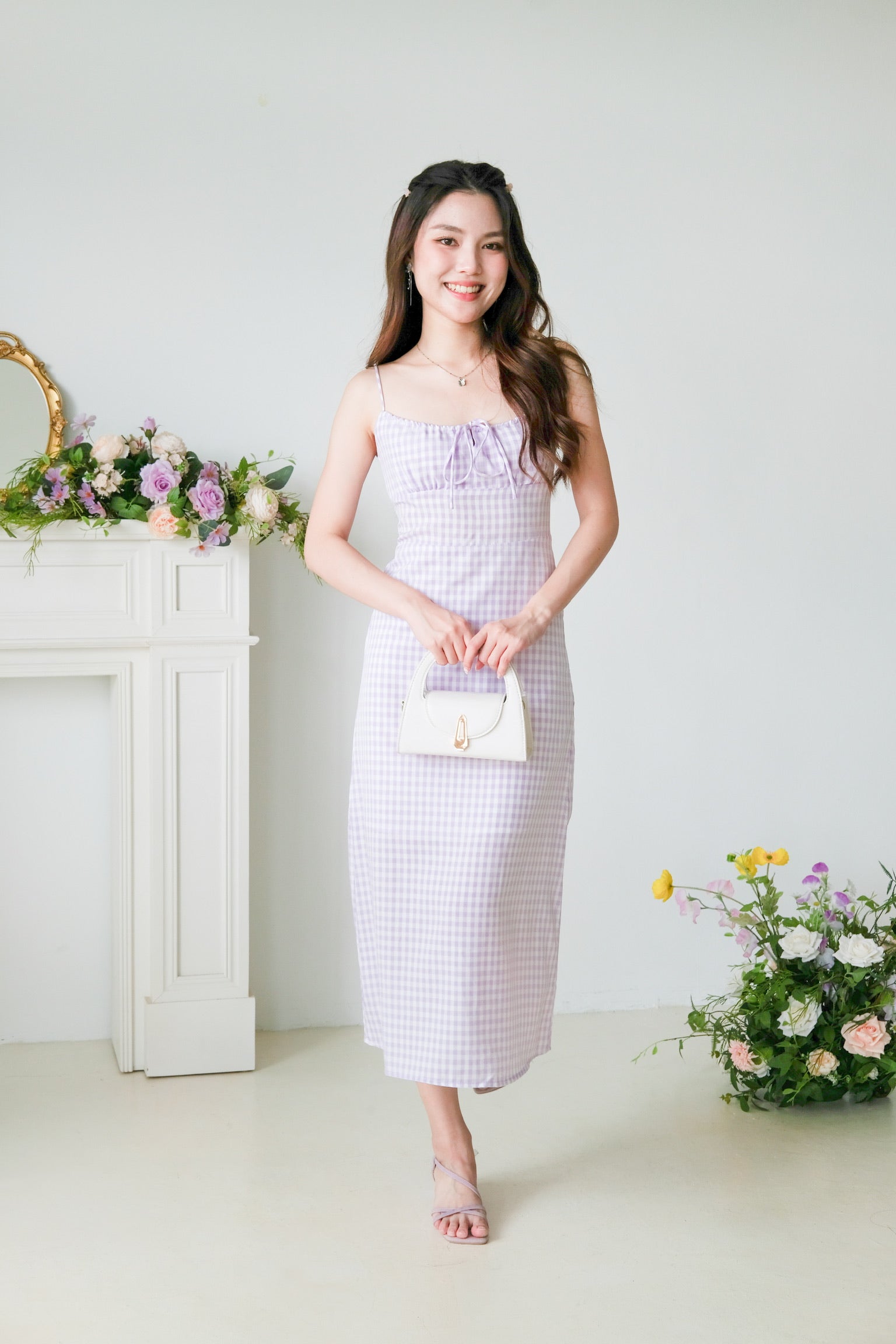 Veronnie Ruched Plaid Midi Dress (Purple)