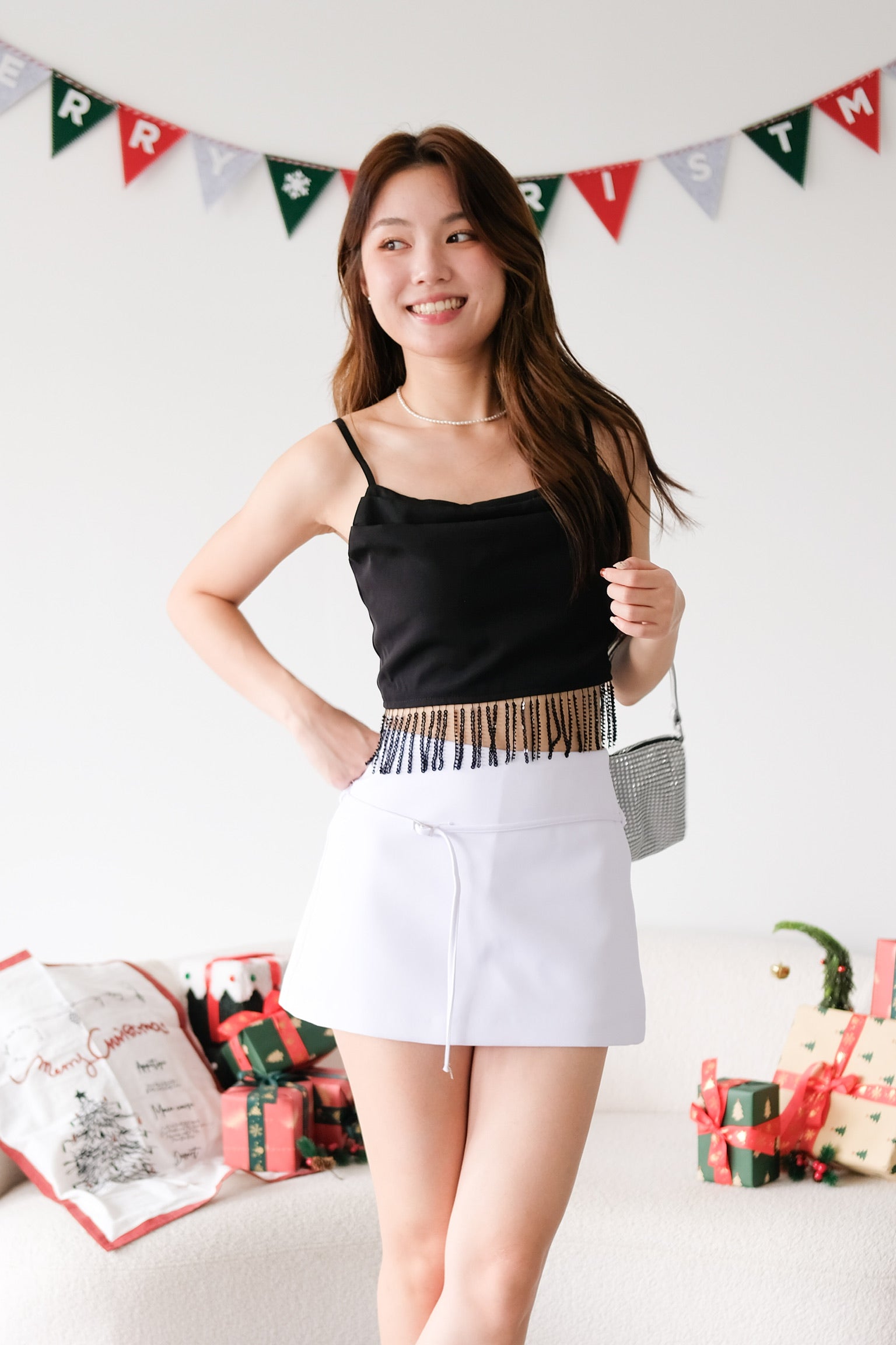 Amaria Embellished Tassel Crop Top (Black)