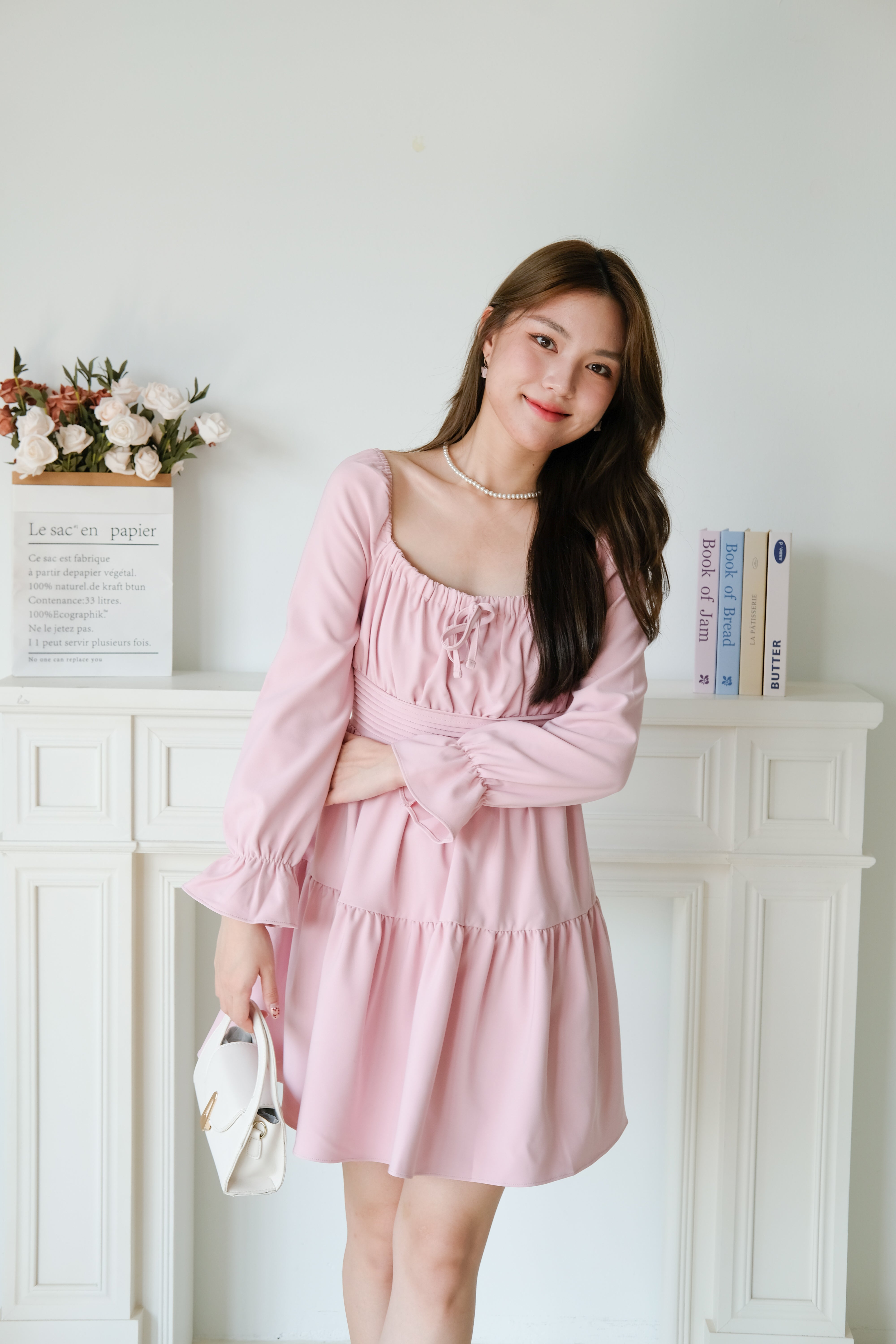 Destiny Ruched Long Sleeves Dress (Pink)