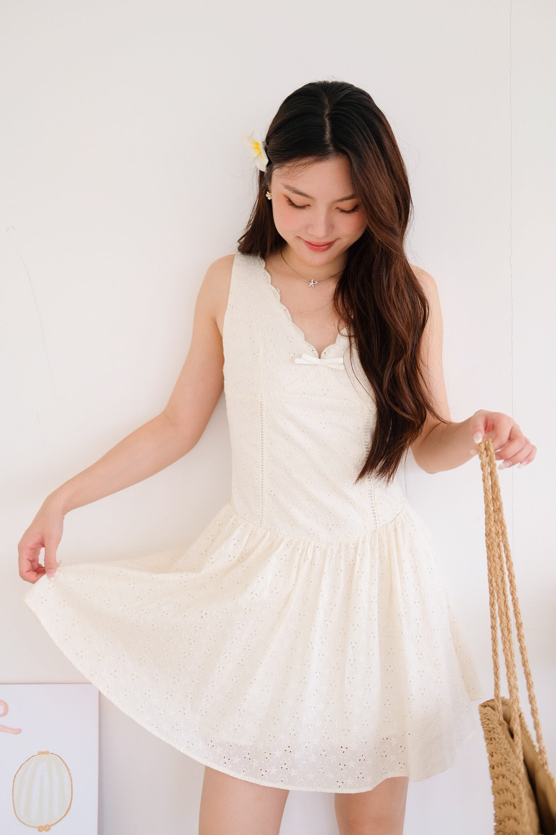Reyna V Neck Eyelet Skater Dress (Cream)