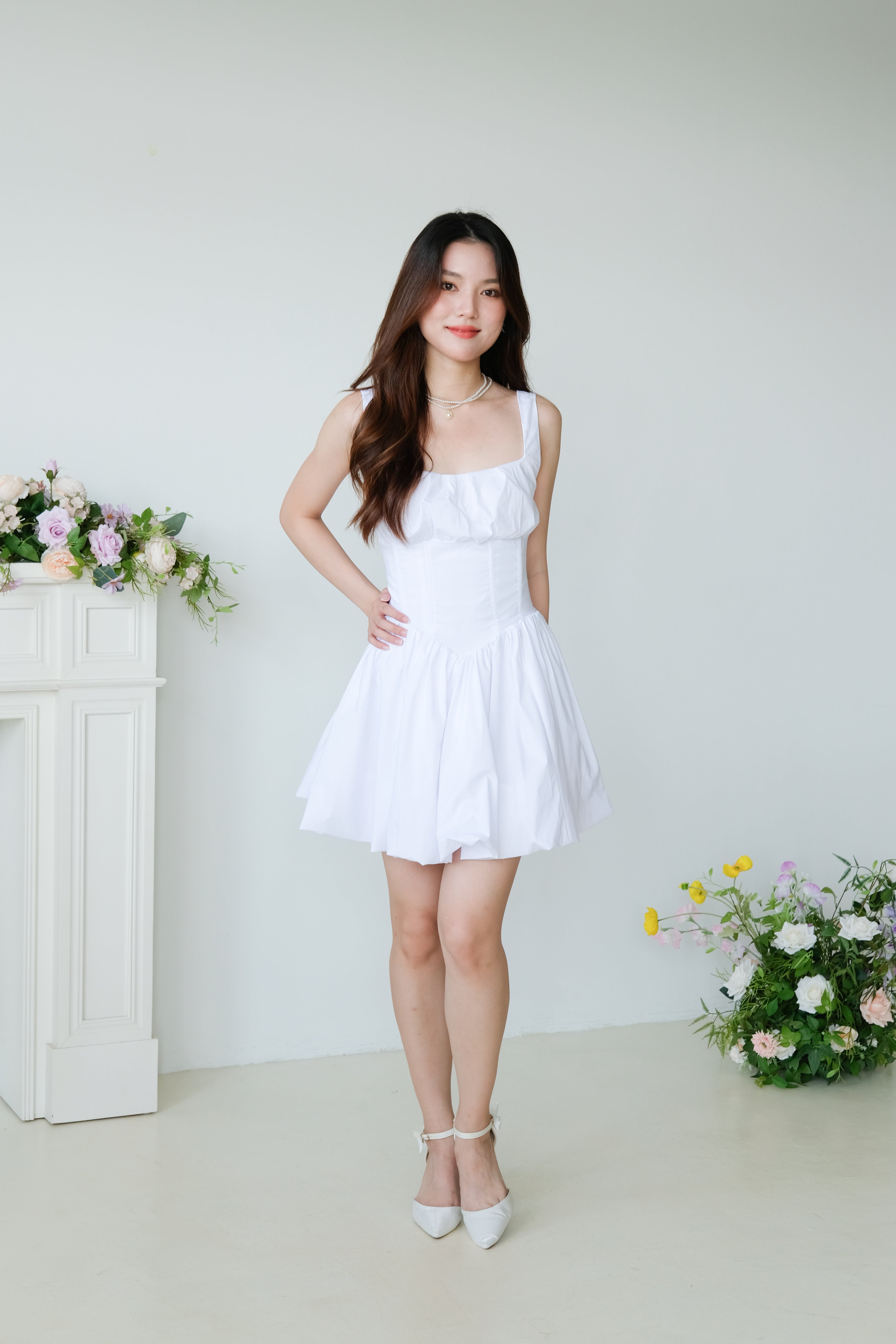 Carine Ruched Bubble Dress (White)