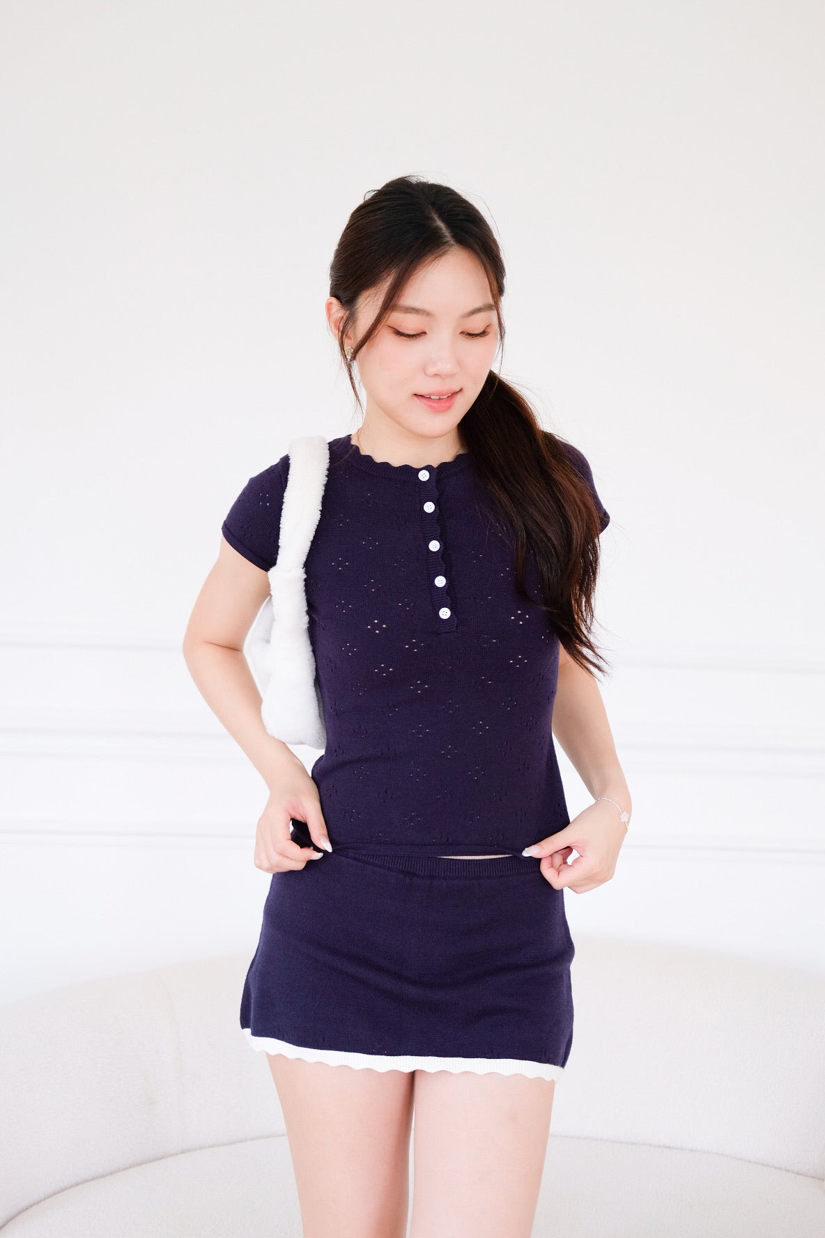 Tyla Scalloped Pointelle Top (Navy Blue)