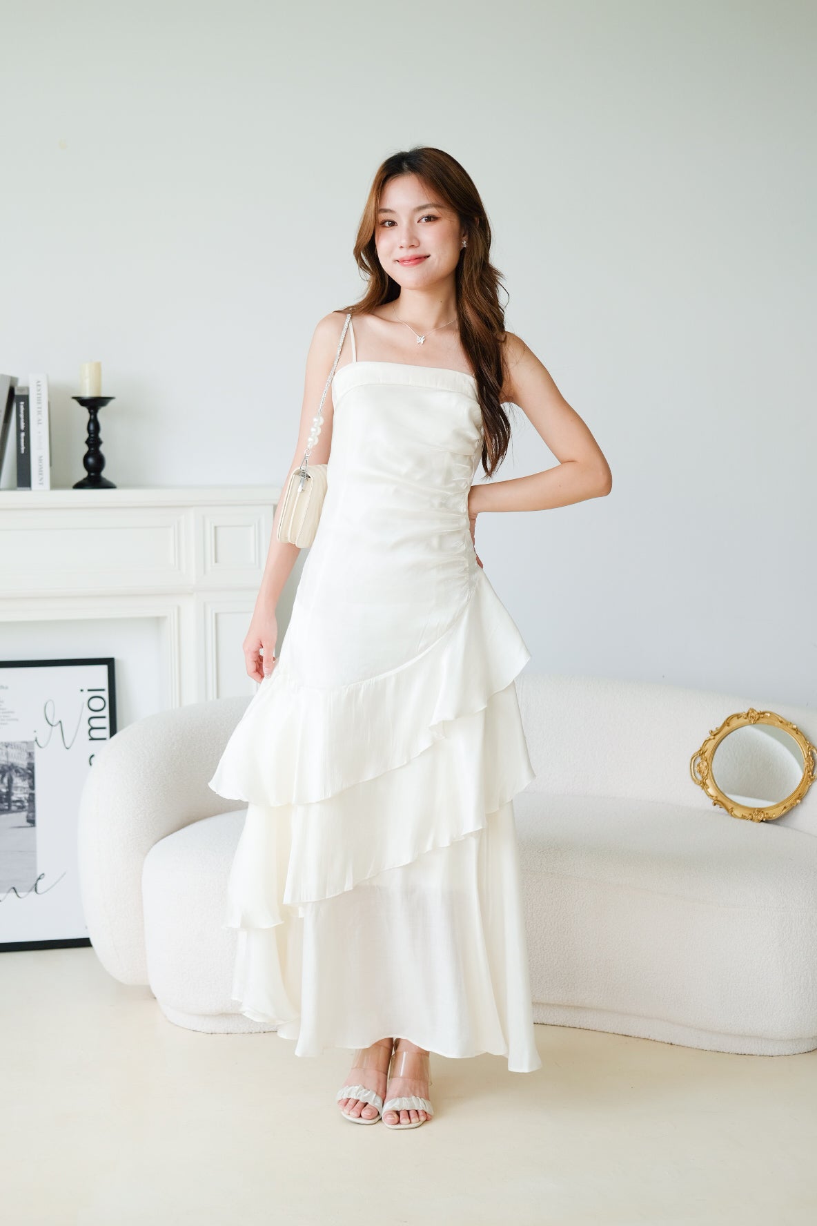 Vicky Ruffle Tiered Dinner Maxi Dress (Cream)