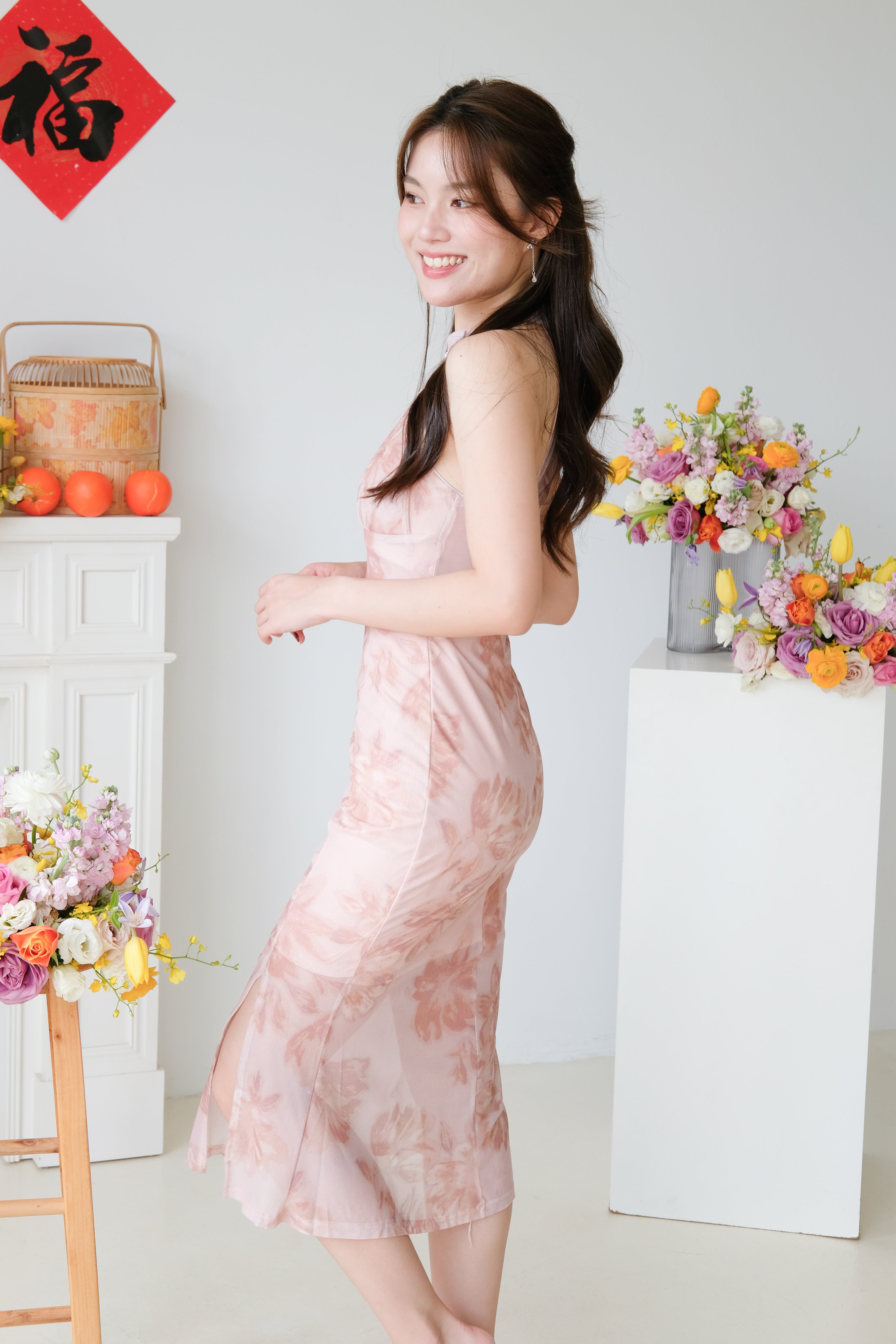 [ETA 16-20 Dec] Ke Ru Ruched Slit Halter Mesh Cheongsam (Nude Pink)